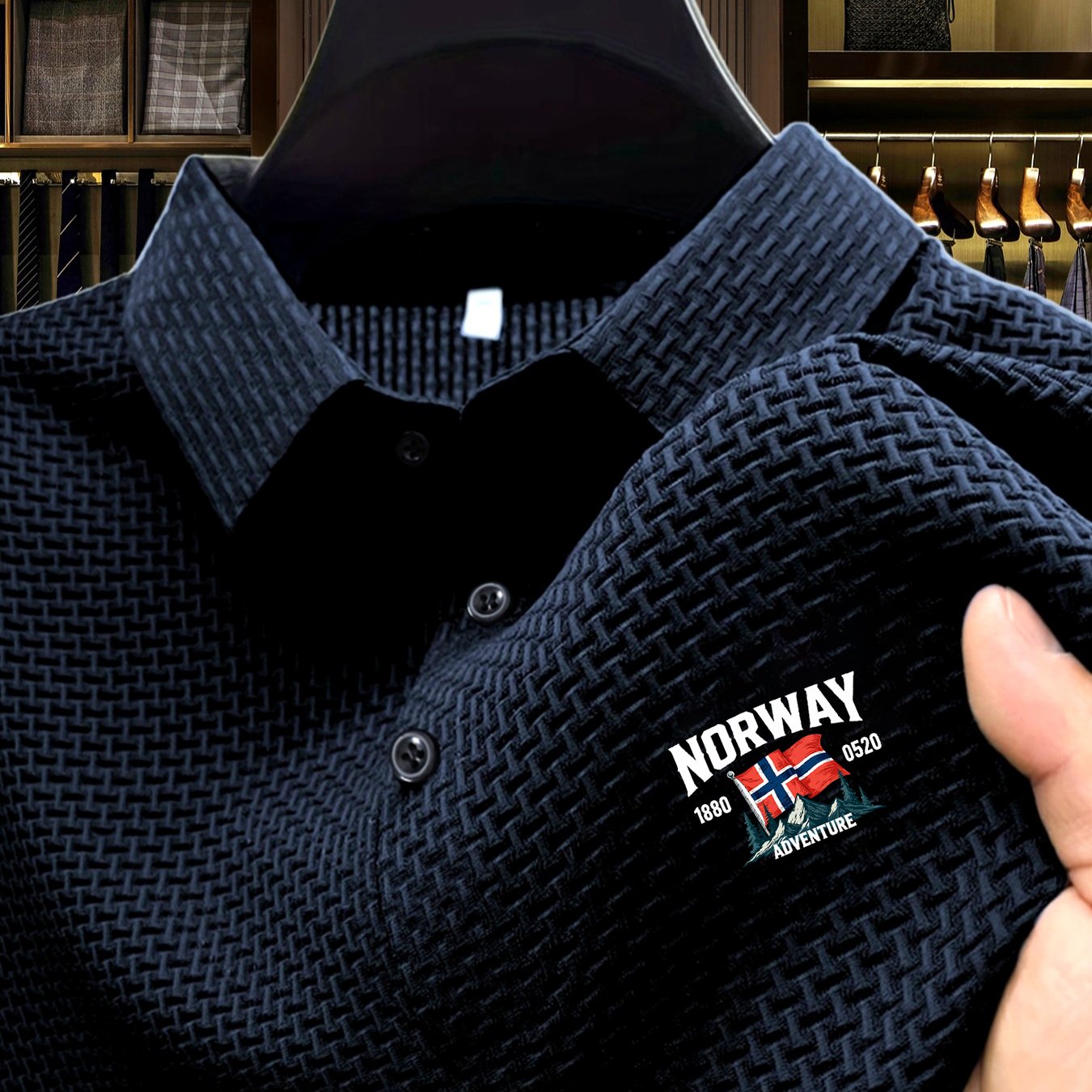 TEMU Norway Pattern Plus Size Men's Outdoor Golf, Equestrian Casual Collar Short Sleeve Textured Tattoo Fabric, Mature Men's Business Casual Jacquard