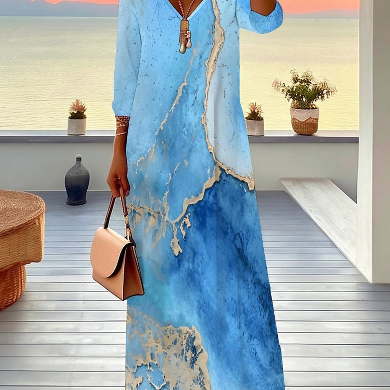 Plus Size - Women's Plus Size V-neck 3/4 Sleeve Maxi Dress, Marble Print, Ideal For Daily, Going Out & Party Wear