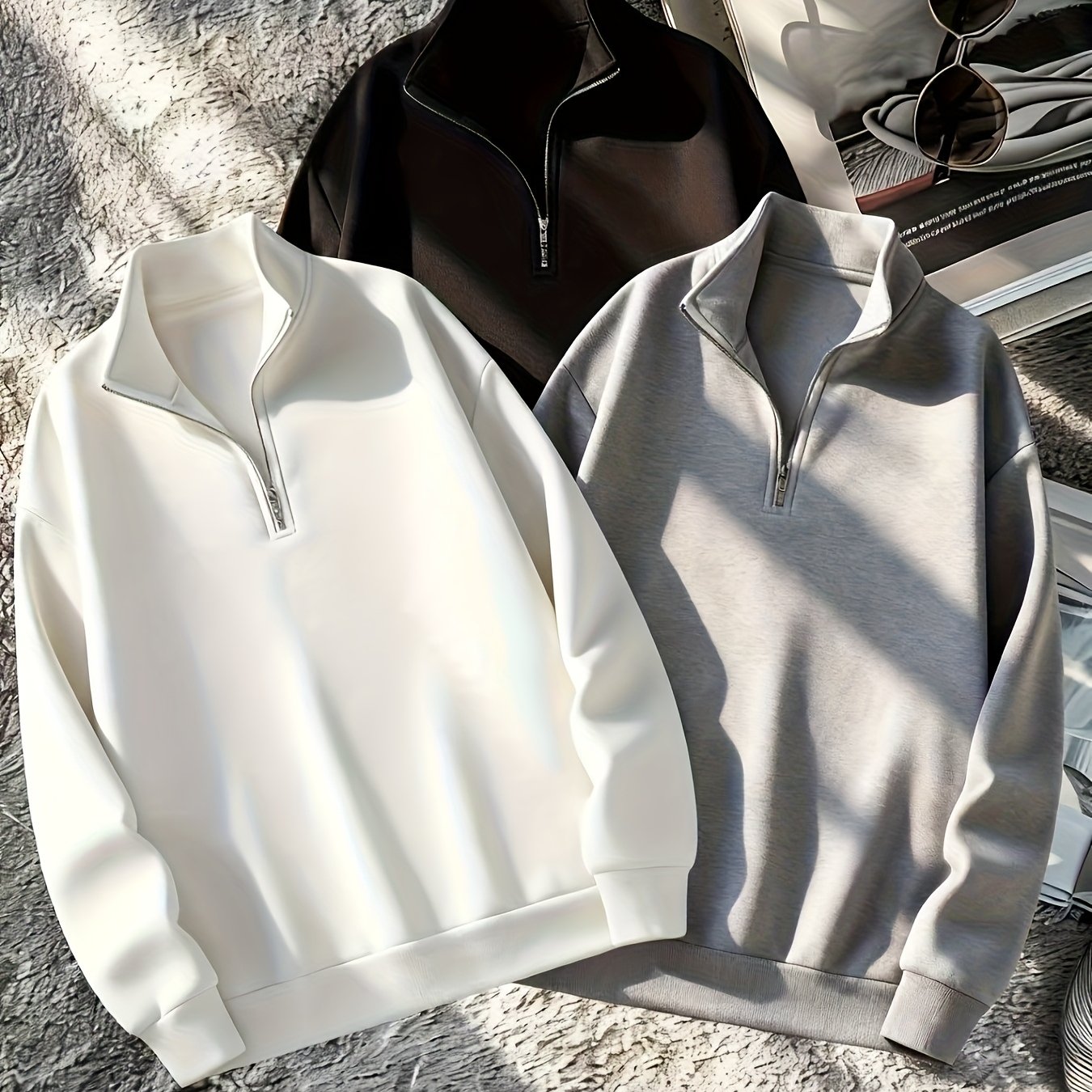 E-shop Herren Casual Sweatshirt mit Halbzip in Unifarben - 3er-Set, , Maschinenwaschbar, Stehkragen, Langarm, Perfektes Geschenk für Freunde Familie