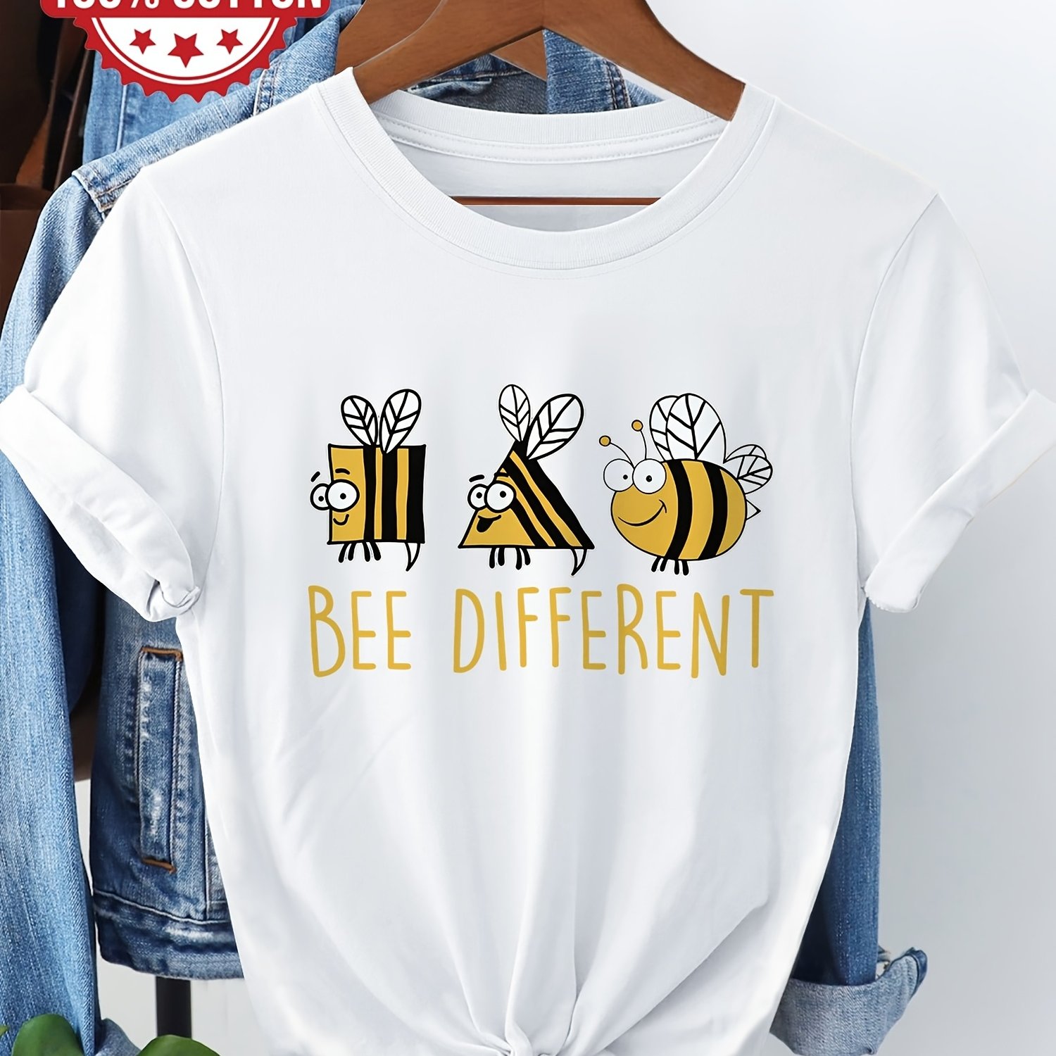 Image of Women' Print T-shirt - "bee Different" Short Sleeve Round Neck Casual Top With Bee-themed | -line Regular Fit Blouse-chu K Suitable For - Casual Attire & Beekeeping Outfits