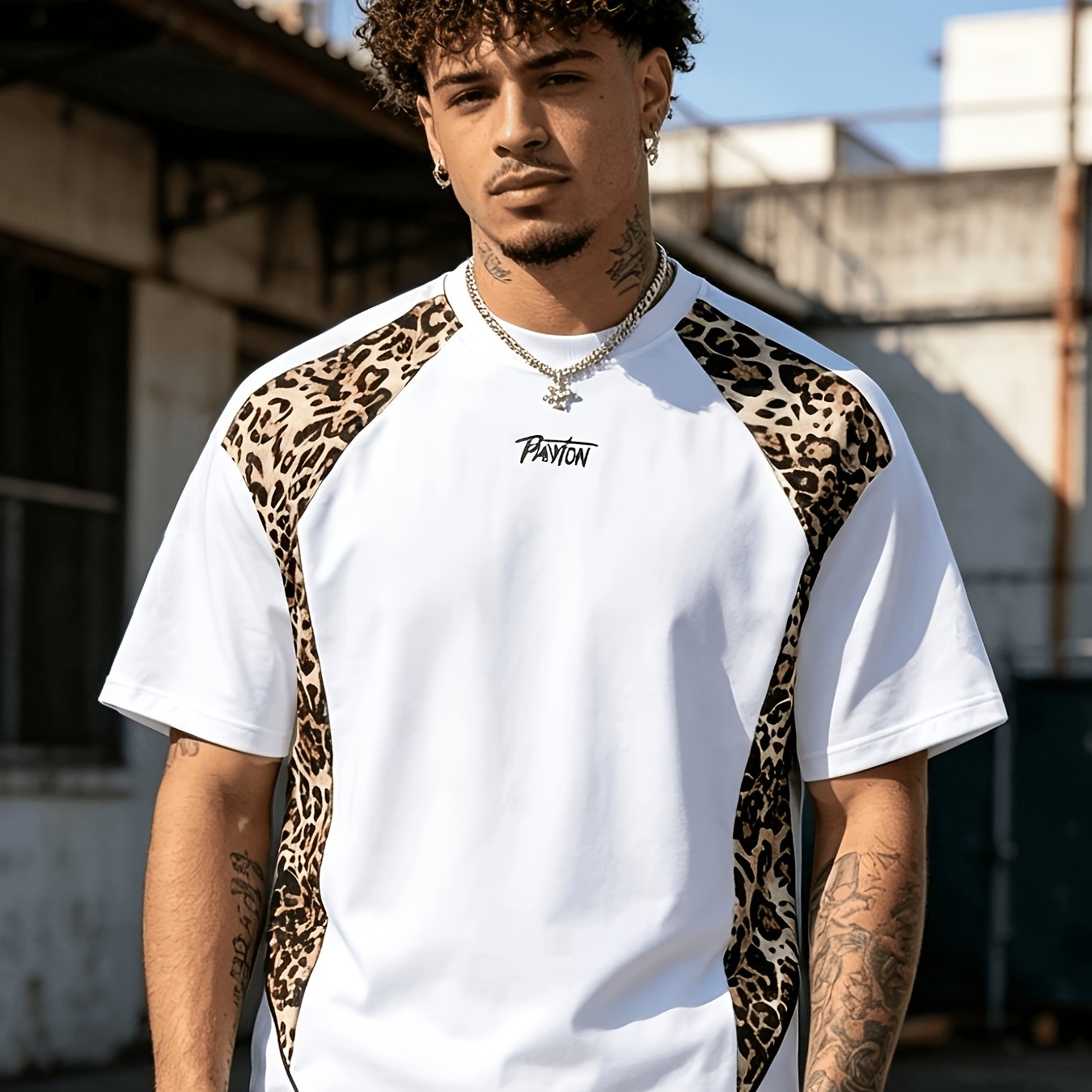 TEMU Trendy Leopard Print Printed Men's Summer Short-sleeve T-shirt, 1pc Pc, , Cool And Comfortable, Suitable For Hiking, Daily Wear, , Office,