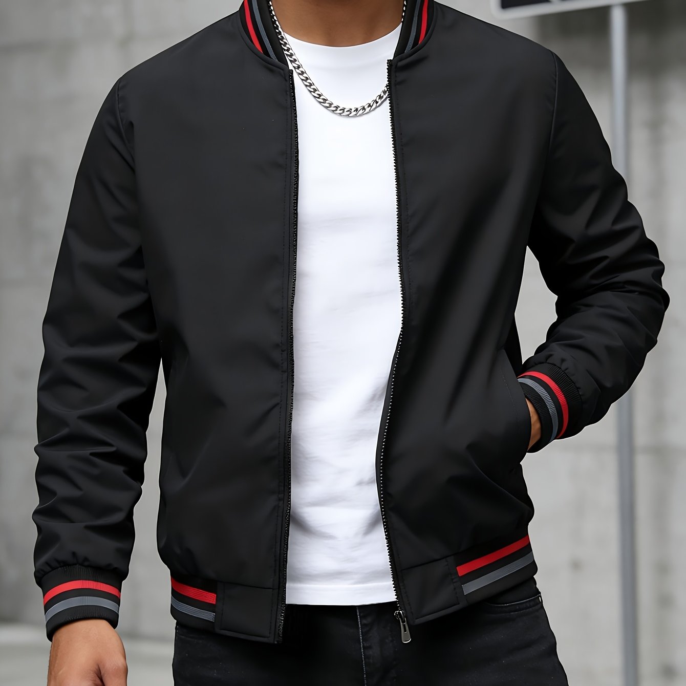 TEMU Men's Business Casual Jacket, Wrinkle-resistant Lightweight Windproof Varsity Coat, Full Zip Fit Striped Collar Jacket, Office Daily Wear Date