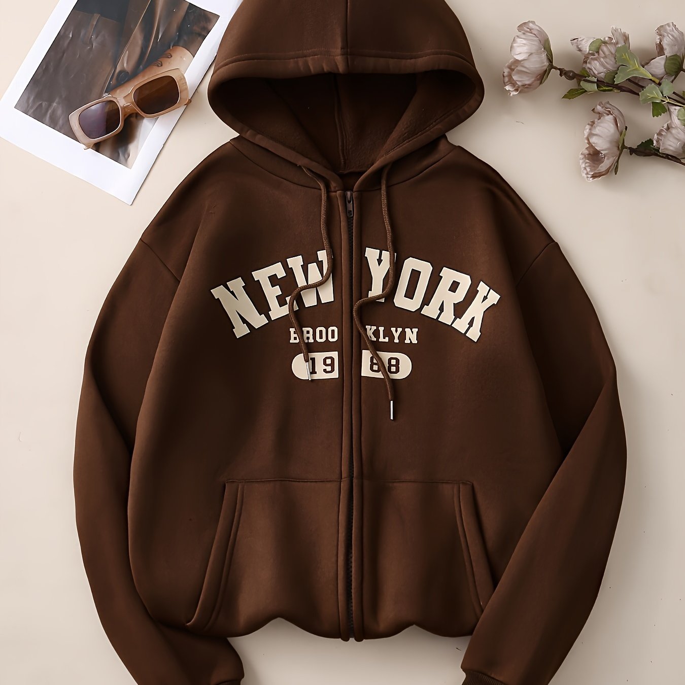 Grey Shein Zip Up Drawstring Hoodie Letter Print Zip Hoodie