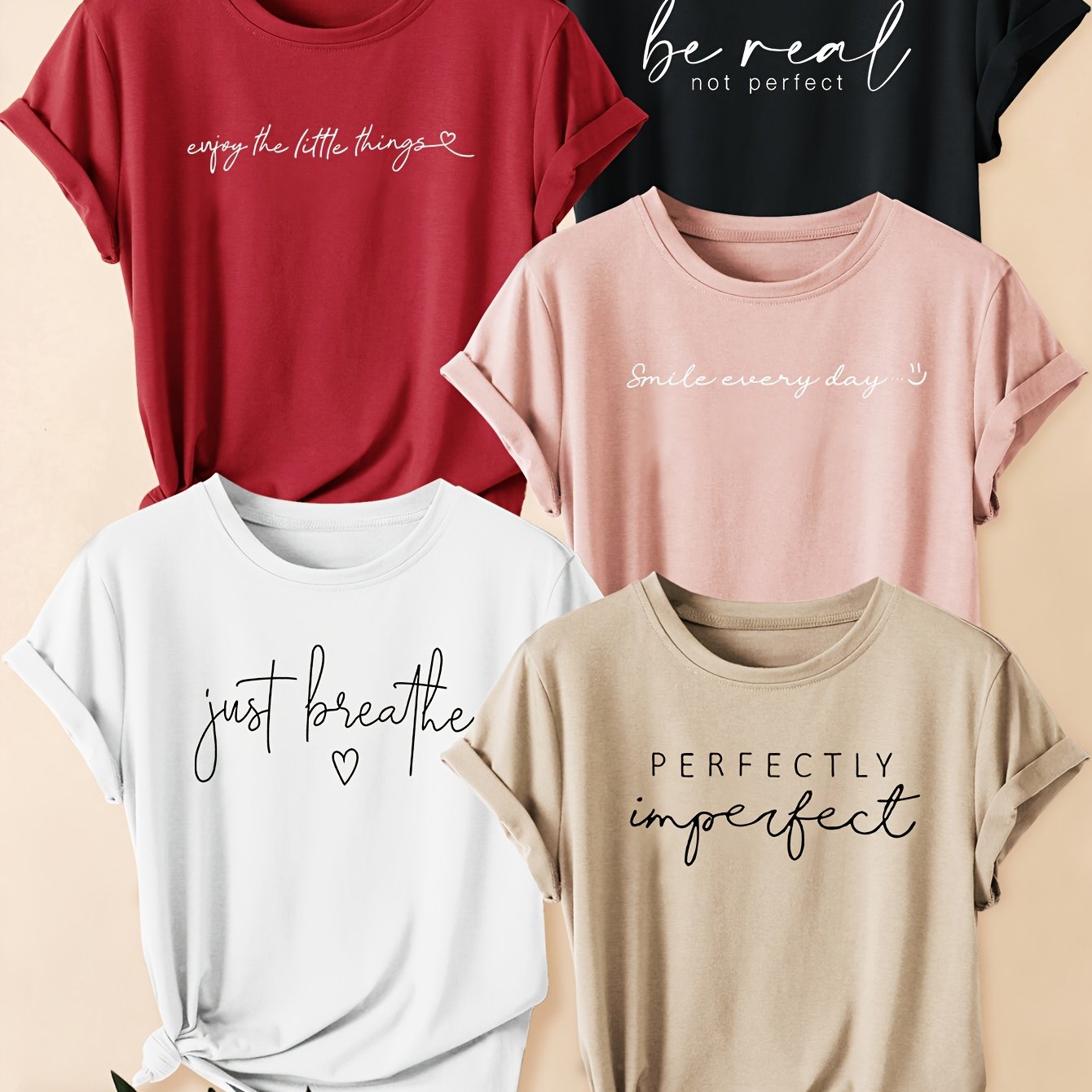 E-shop Fünferpack Letter Print Vintage-Stil Damen Casual Sportlich Rundhals Kurzarm T-Shirts