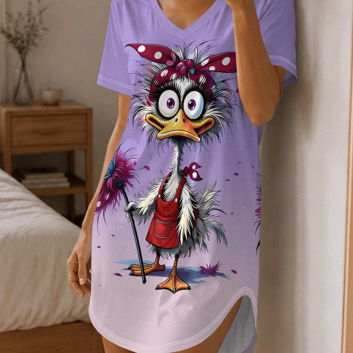 TEMU Women's V-neck Lounge Dress Featuring A Cartoon Duck Print, Side-opening Design For Easy, Casual Loungewear Home Or Sleep.