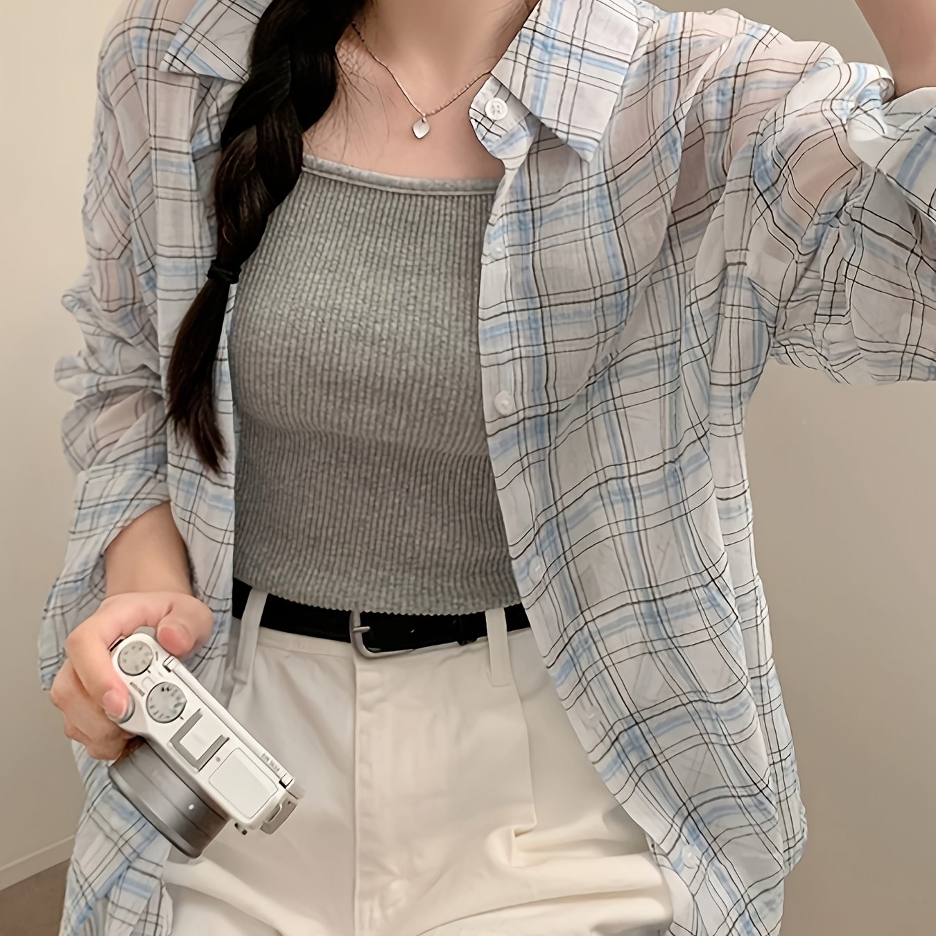 TEMU 2026 Spring White Checkered Shirt Women's Vintage Lapel Loose Thin Sheer Long Sleeve Open Cardigan Lazy Style Breathable Versatile Travel