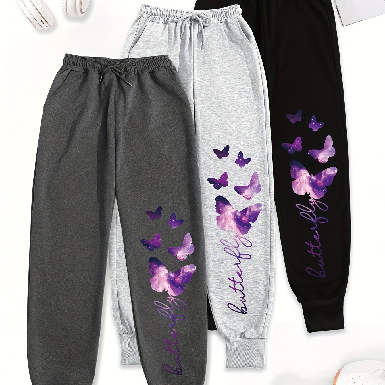 TEMU Ensemble de 3 pantalons à imprimé de lettres, pantalons décontractés confortables à taille élastique pour femmes
