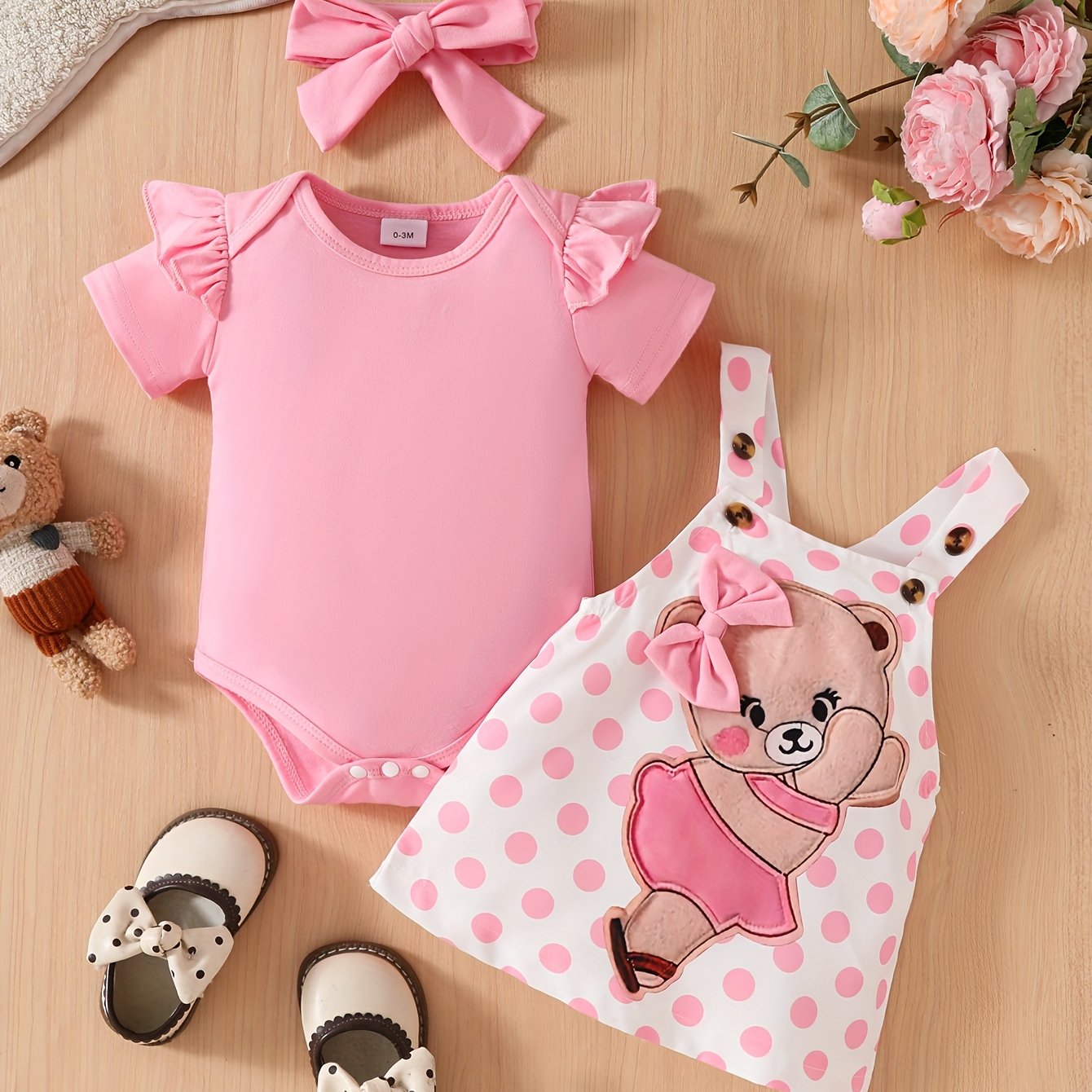 Image of Short-sleeved Romper With Cute Cartoon Print Suspender Dress + Headscarf Three-piece Set, For Outdoor, Newborn/toddler Necessities