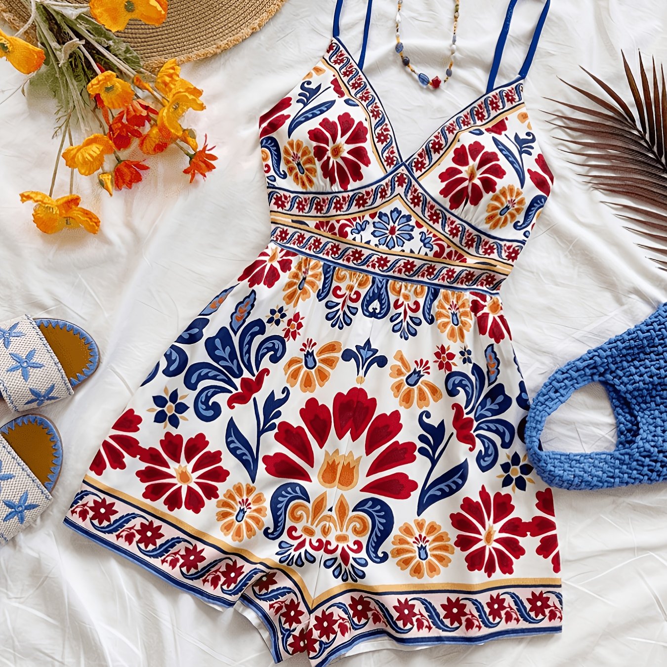 TEMU Mameluco camisola vintage floral , azul y con estampado de bloques de color, cuello en V, tirantes , define la clavícula, los hombros y el