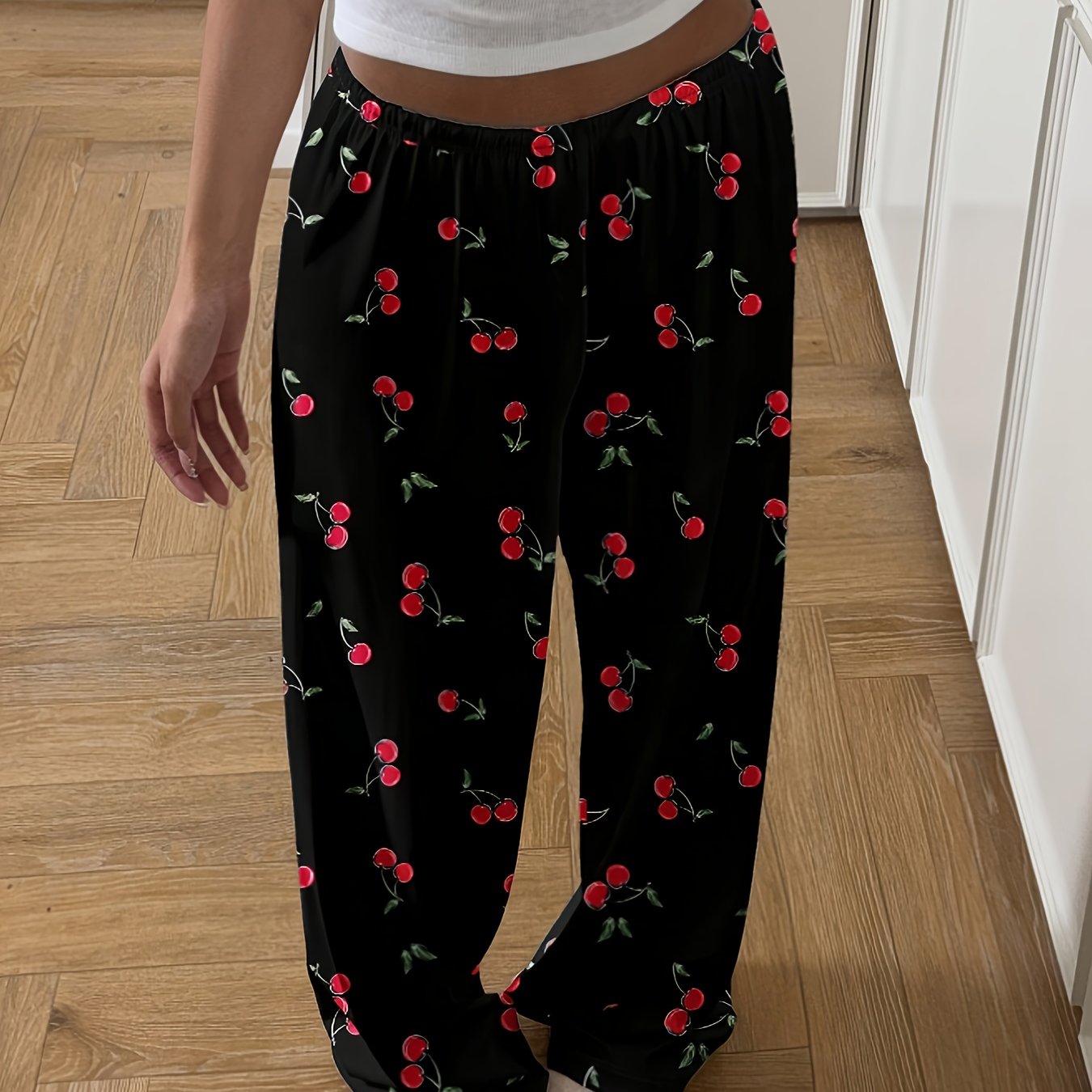 Black Casual Cherry Print Trousers