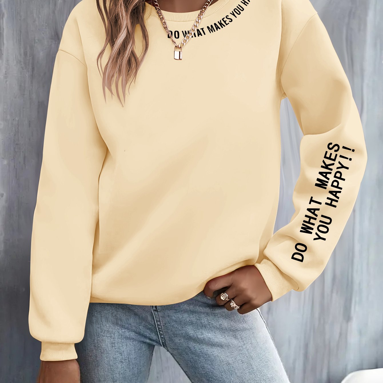 Do Happy Slogan Printed Casual Women's Fashion Hoodie, Suitable For Spring, Autumn And Winter, New Women's Casual Versatile Retro Round-neck Hoodie, Women's Clothing, Sizes S-xxl