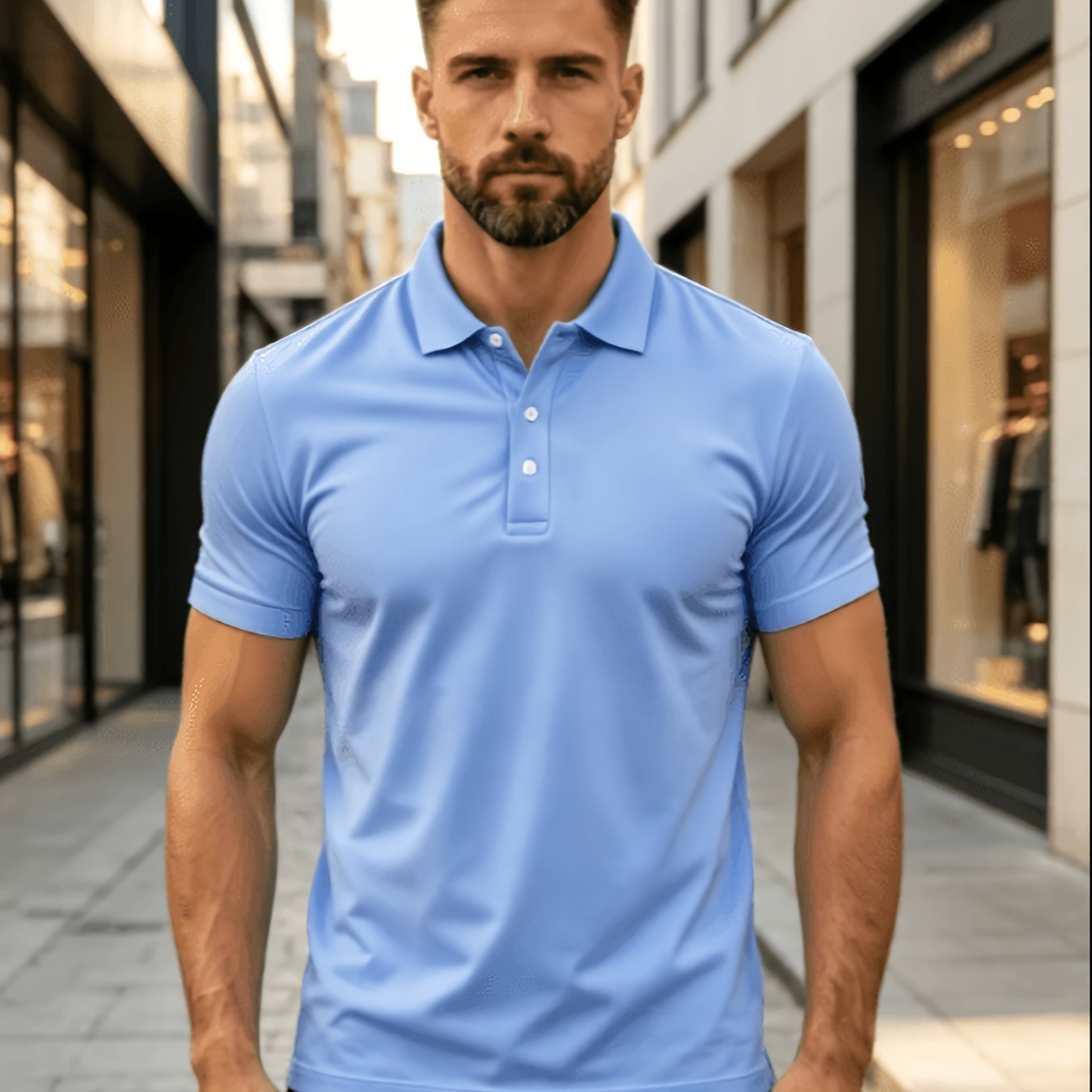 TEMU [printed Design - Not Textured] 2026 New High-end Summer Blue Solid Color Shirt, Stylish , Versatile For Home And Outdoor Wear