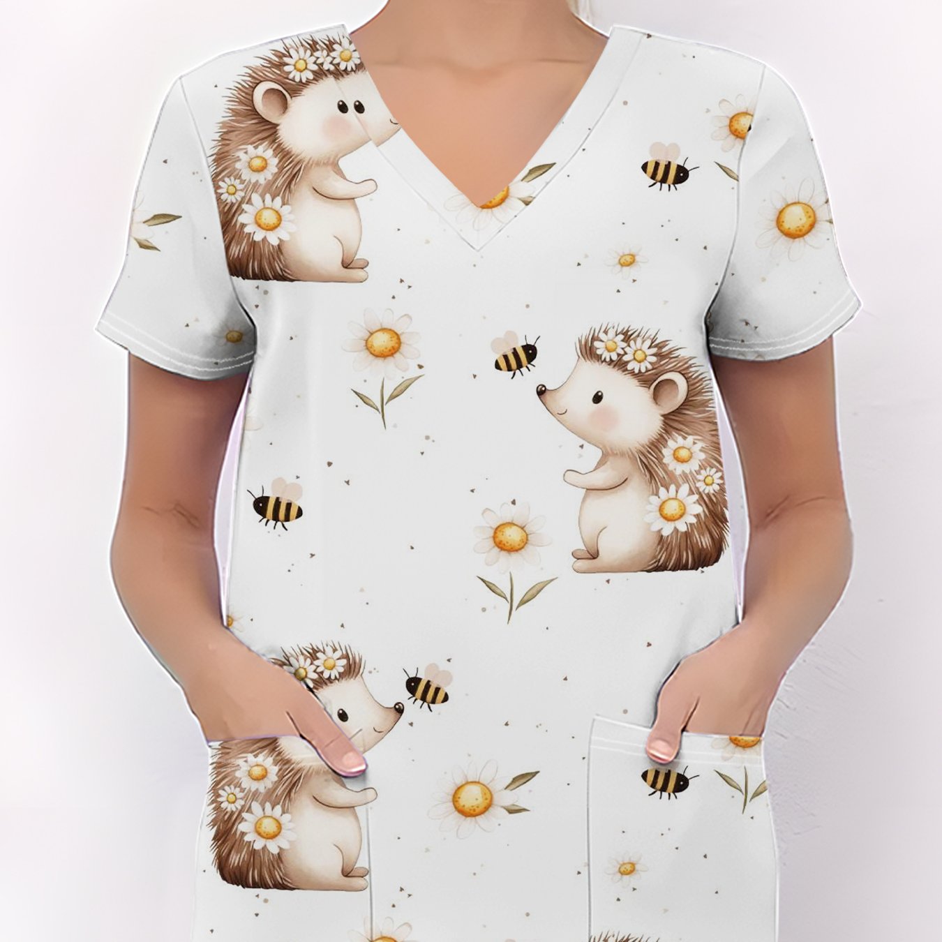 TEMU Women's Fashion V-neck Short Sleeve Nurse Uniform, Printed With Pockets, Vibrant Cartoon Elements, Breathable Casual Elegant Style, Daily Use
