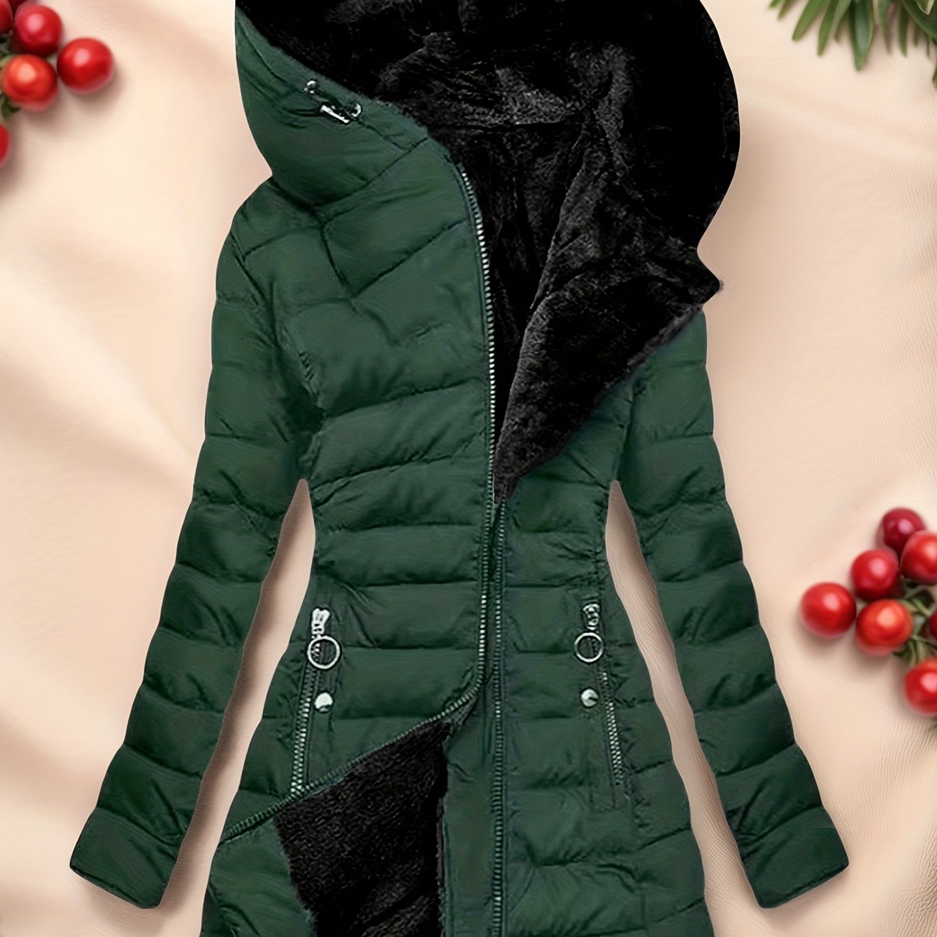 TEMU 2026 Early Spring New Elegant Autumn And Winter Warm Casual Commuting Fashion Jacket Women's Zipper Pocket Long-sleeved Slim Coat Hooded Coat