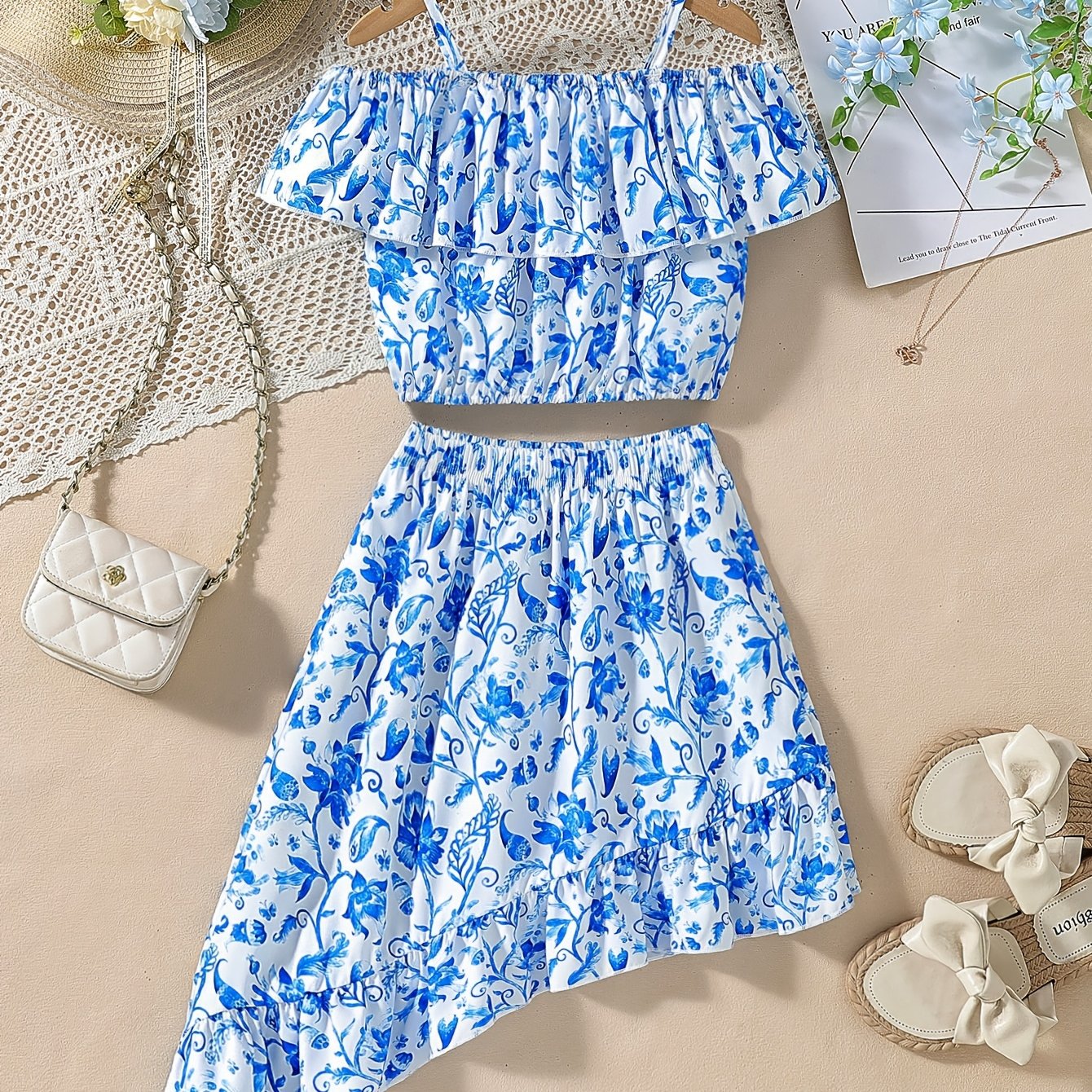 Image of Young Girl 2pcs Set, Floral Print, Ruffle Trim, Off-shoulder, Camisole Top + Asymmetrical Ruffle Skirt, Bohemian Style, Perfect Beach Party Gift For Girls, Perfect For Outdoor