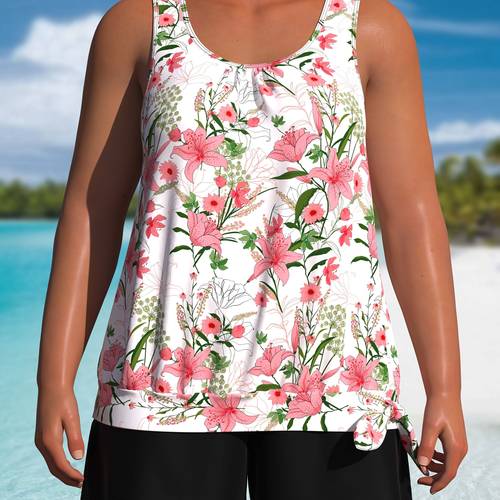 womens plus size swimsuit 2pcs set ini coconut tree or leaf print graphic round neck top plain womens swimwear clothing
