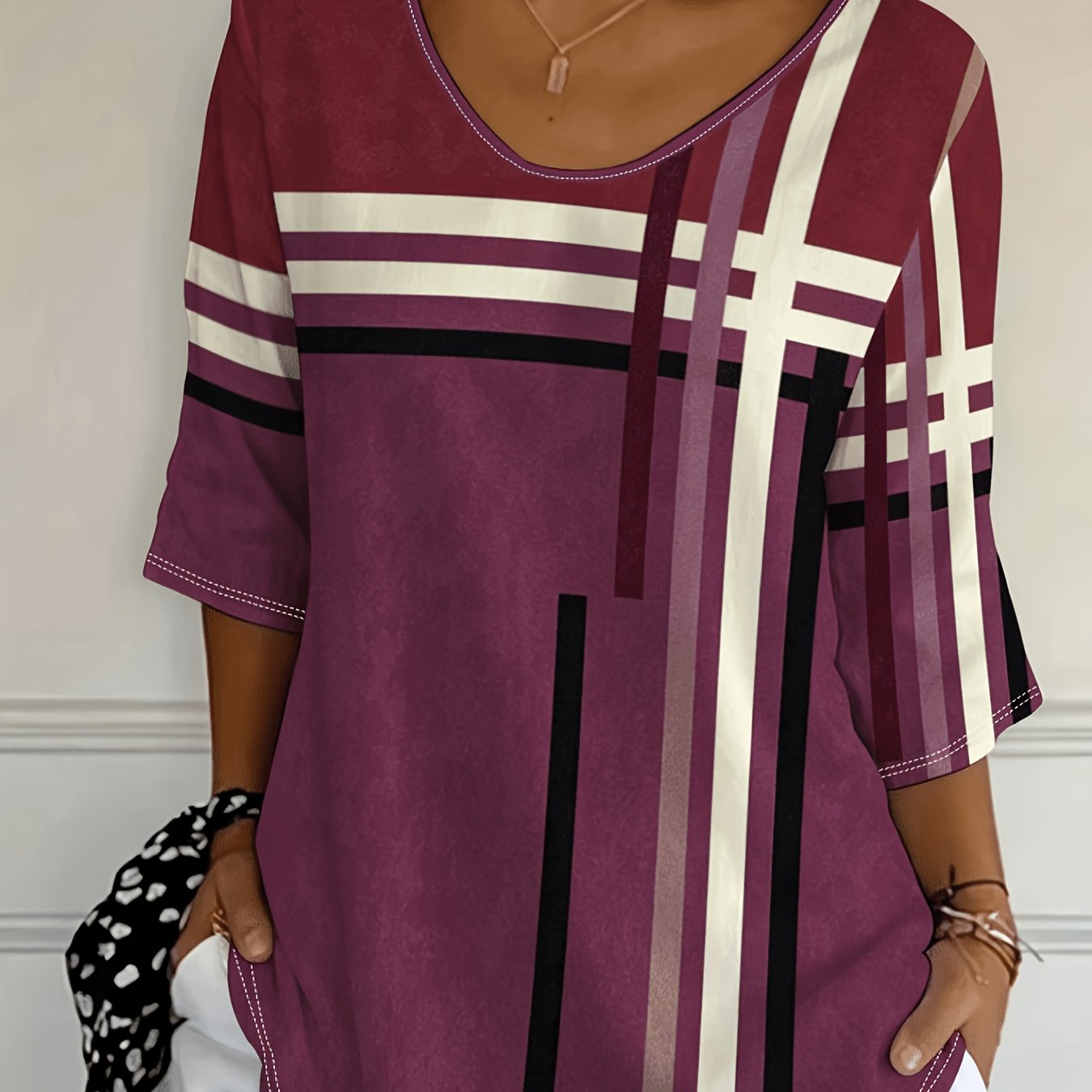 TEMU Plus Size Women's Top, Geometric Line Pattern, Easy , Suitable For Casual Wear And Office, Fashionable And Comfortable