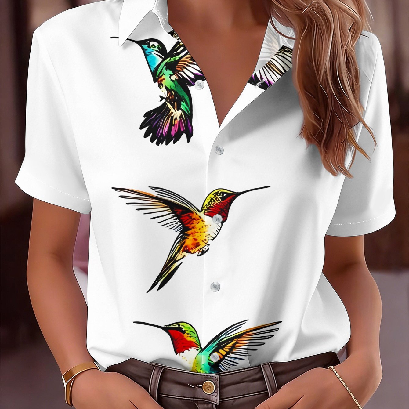 TEMU Women's Casual Short Sleeve Shirt With Bird Print, Machine Washable Women's Top, Trendy Hot Item Button-up Shirt