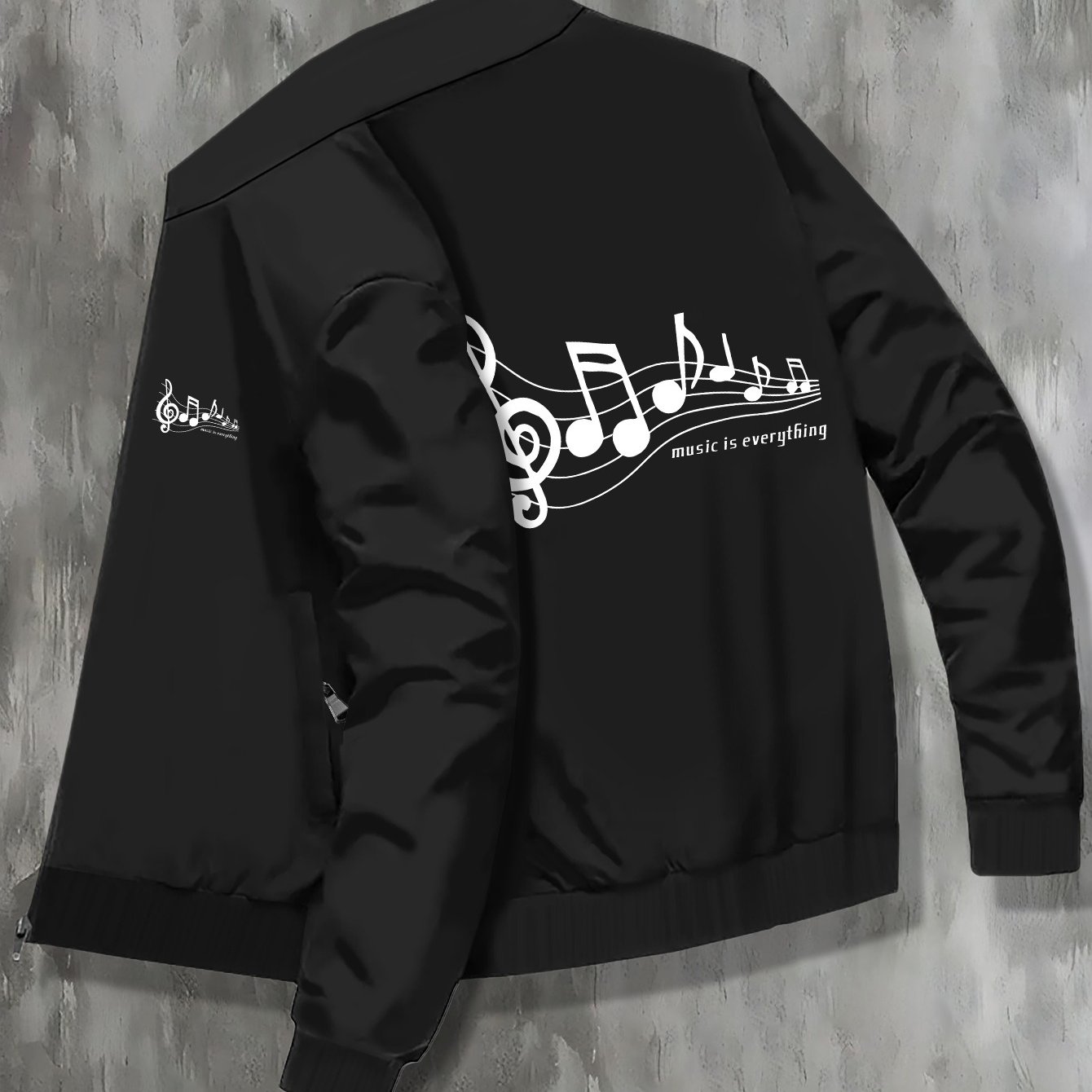 TEMU Melody And Musical Notes Print Men's College Style Jacket, Versatile Casual Tops With Zipper And Pocket, Creative Clothing For Daily Wear, Best