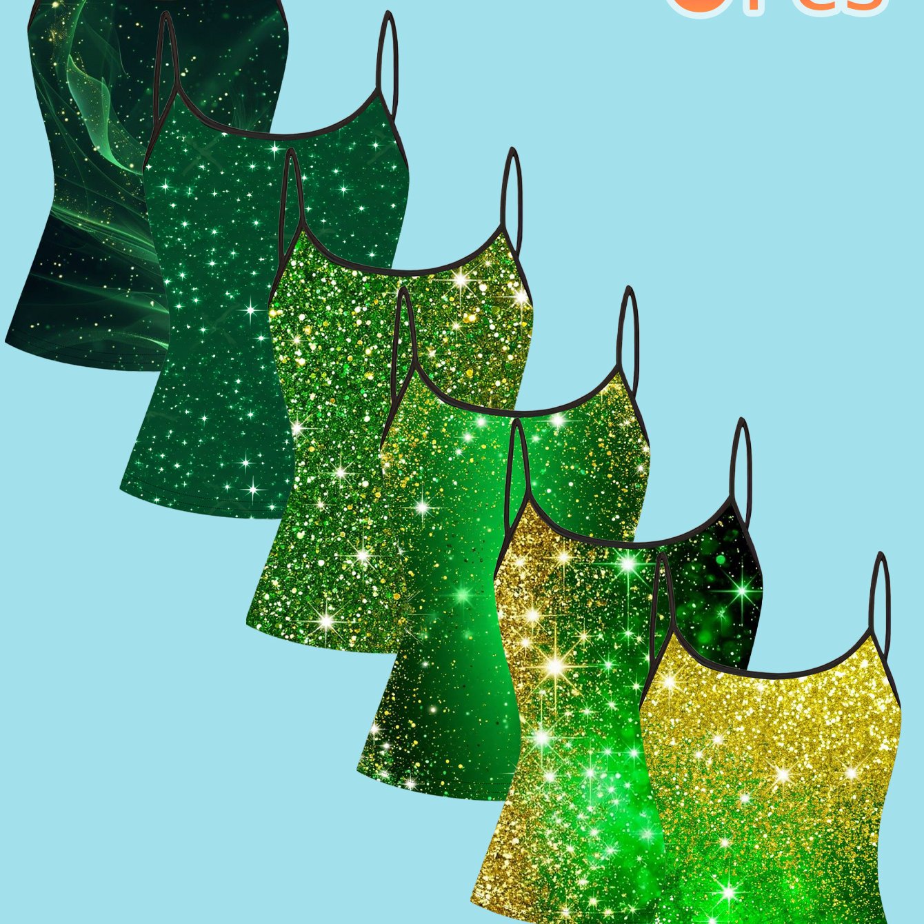 TEMU Set Of 6 Green-golden Gradient Glitter Printed Camisoles For Women, Featuring Thin Straps, Perfect For