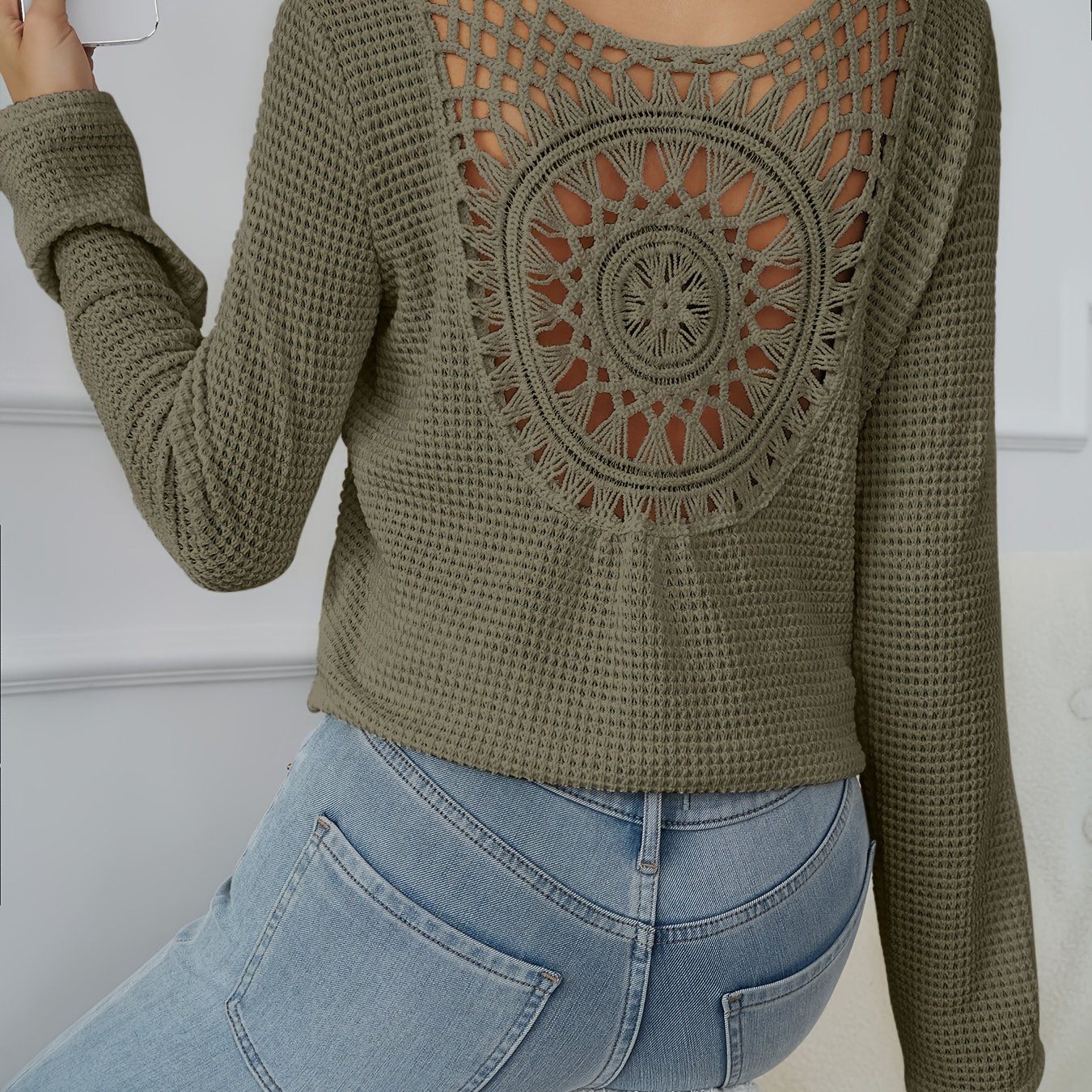 Elegant Women's Long-sleeve T-shirt With A V-neck, Featuring Contrasting Lace Details, Made From Fabric, Solid Color, Regular Length, Suitable For Spring, Summer, And Autumn