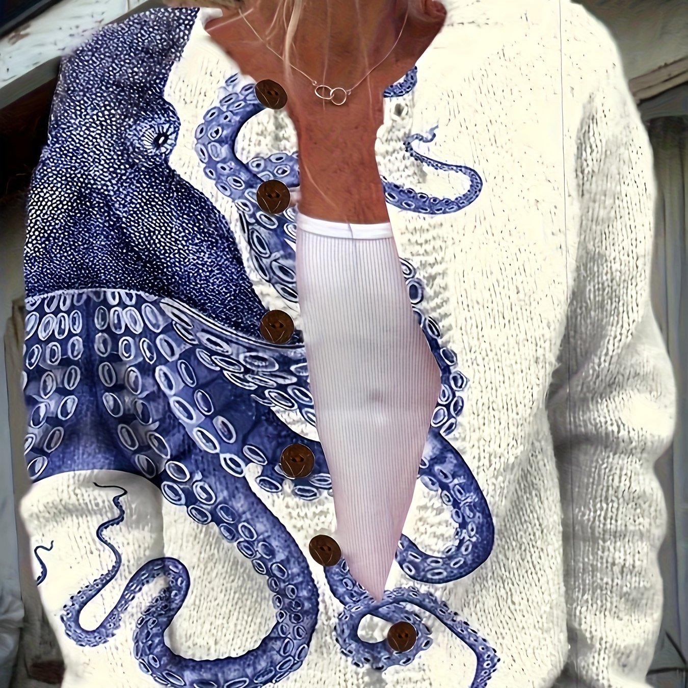 TEMU Women's Plus Size Octopus Print Cardigan - Long Sleeve Sweater, Unique Blue , And Casual