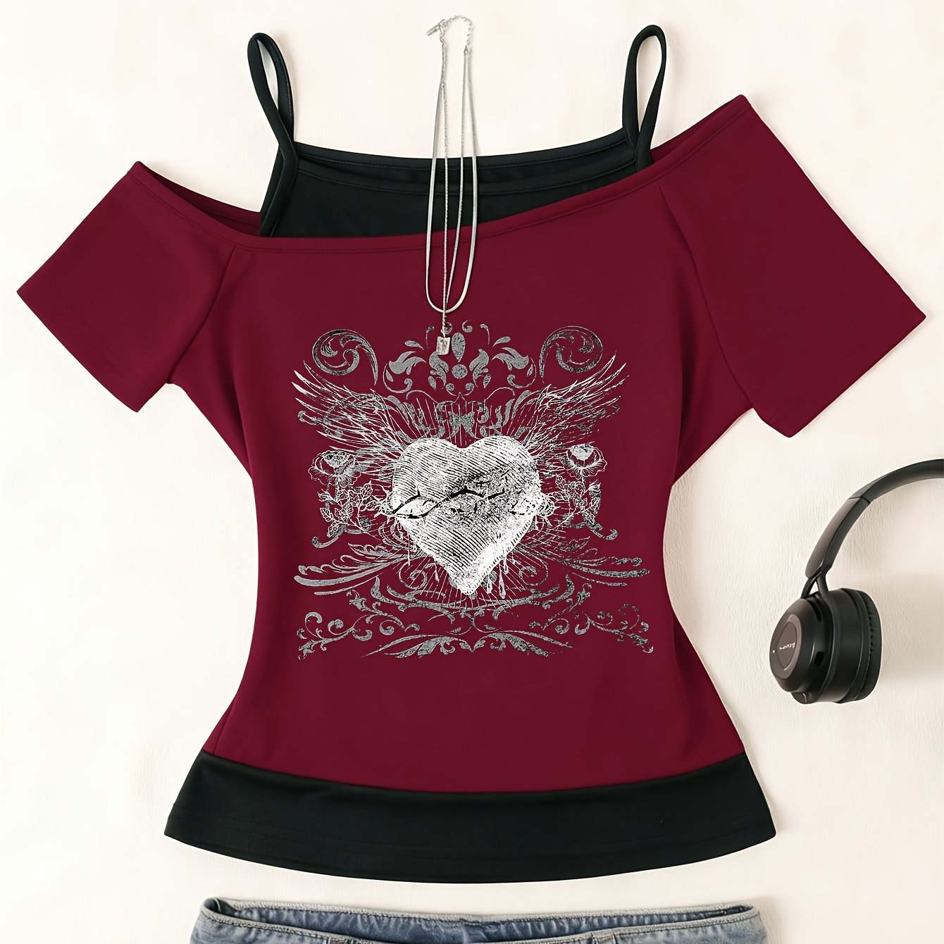 TEMU D372 - A Fashionable Fake Two-piece Top, Spring And Summer Slim Fit Versatile Off-shoulder Hot Short-sleeved T-shirt, Fashionable Trendy Love