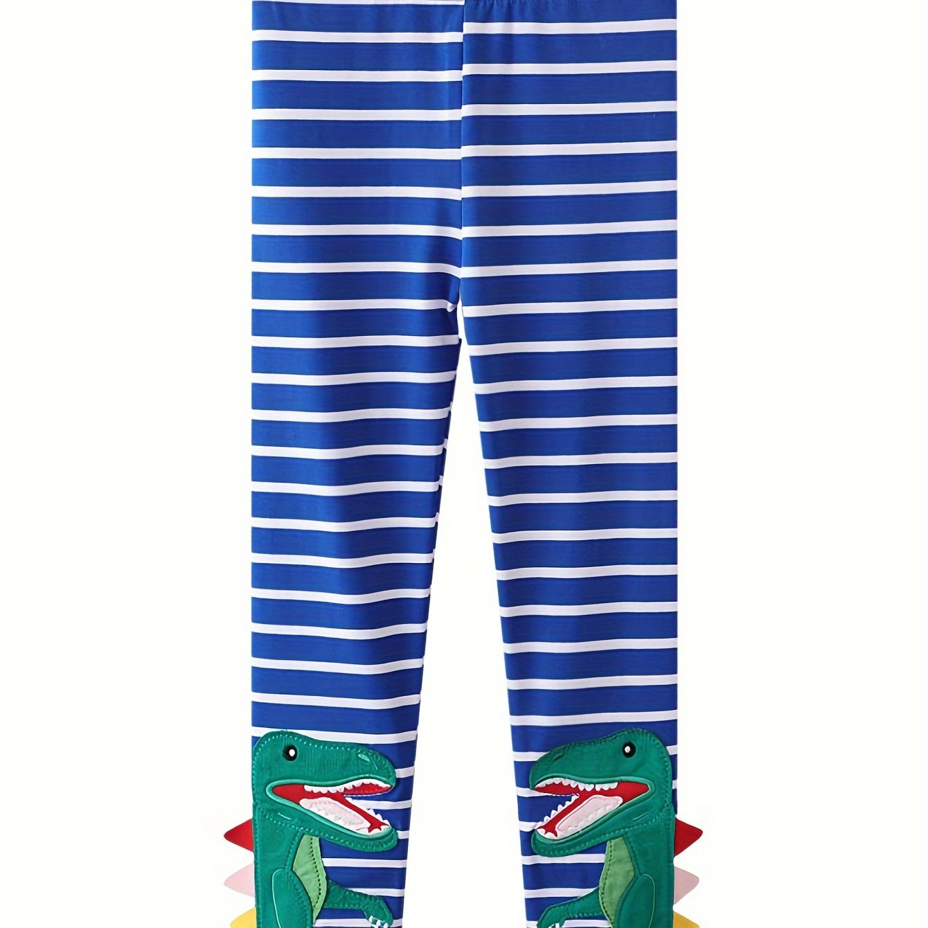 Image of Spring/autumn Girls' Striped Leggings, Cartoon Embroidered Dinosaur Skinny Kids' Gift Outer Wear Long Pants