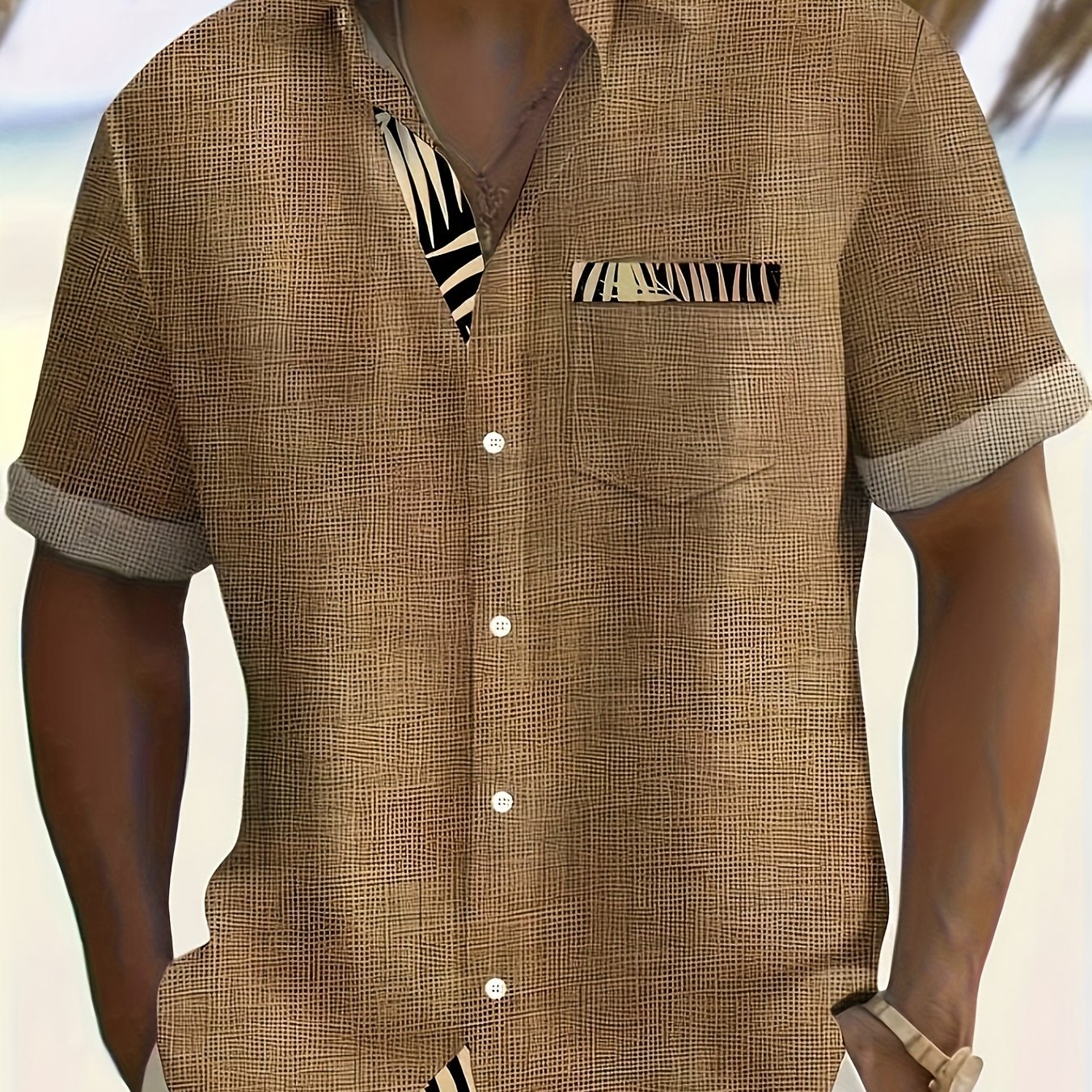 TEMU Men's Leaf Print Short Sleeve Shirt - Lightweight Breathable Fabric, Single Button Front, Chest Pocket, Perfect For And Casual