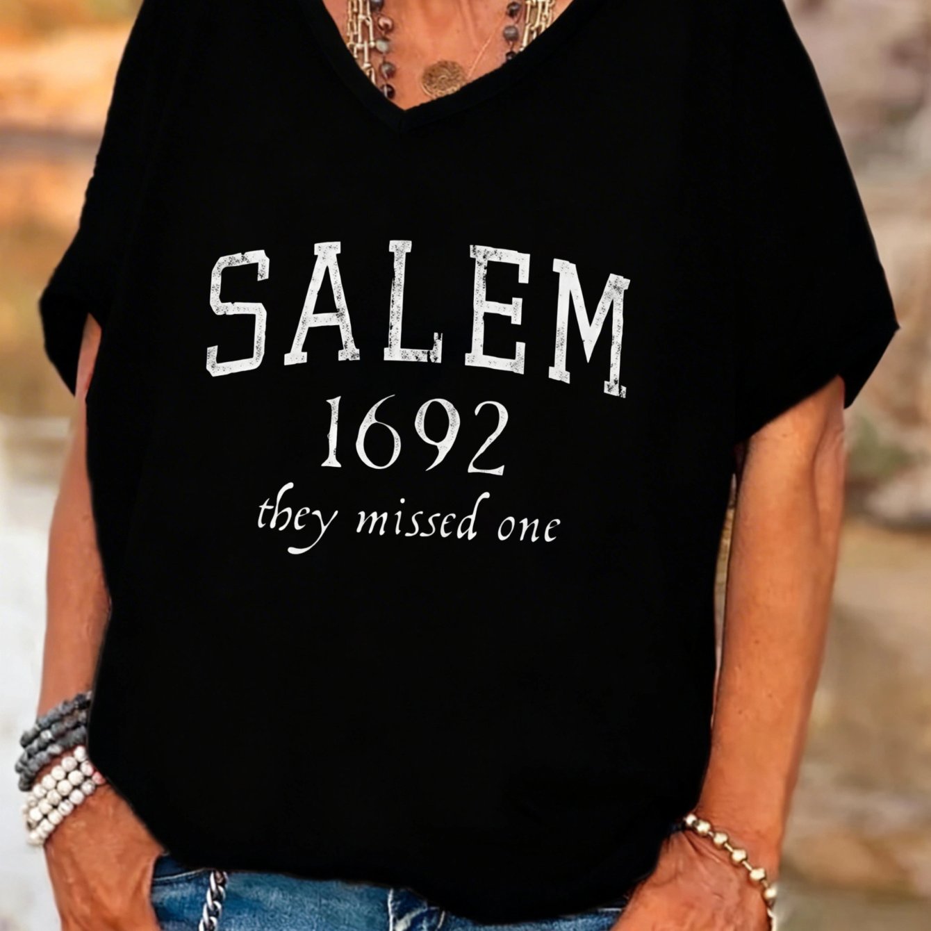 TEMU Plus Size, Plus Sizecasual Style Women's V-neck Batwing Sleeves T-shirt Salem 1692 1 Halloween Autumn Gift For Her