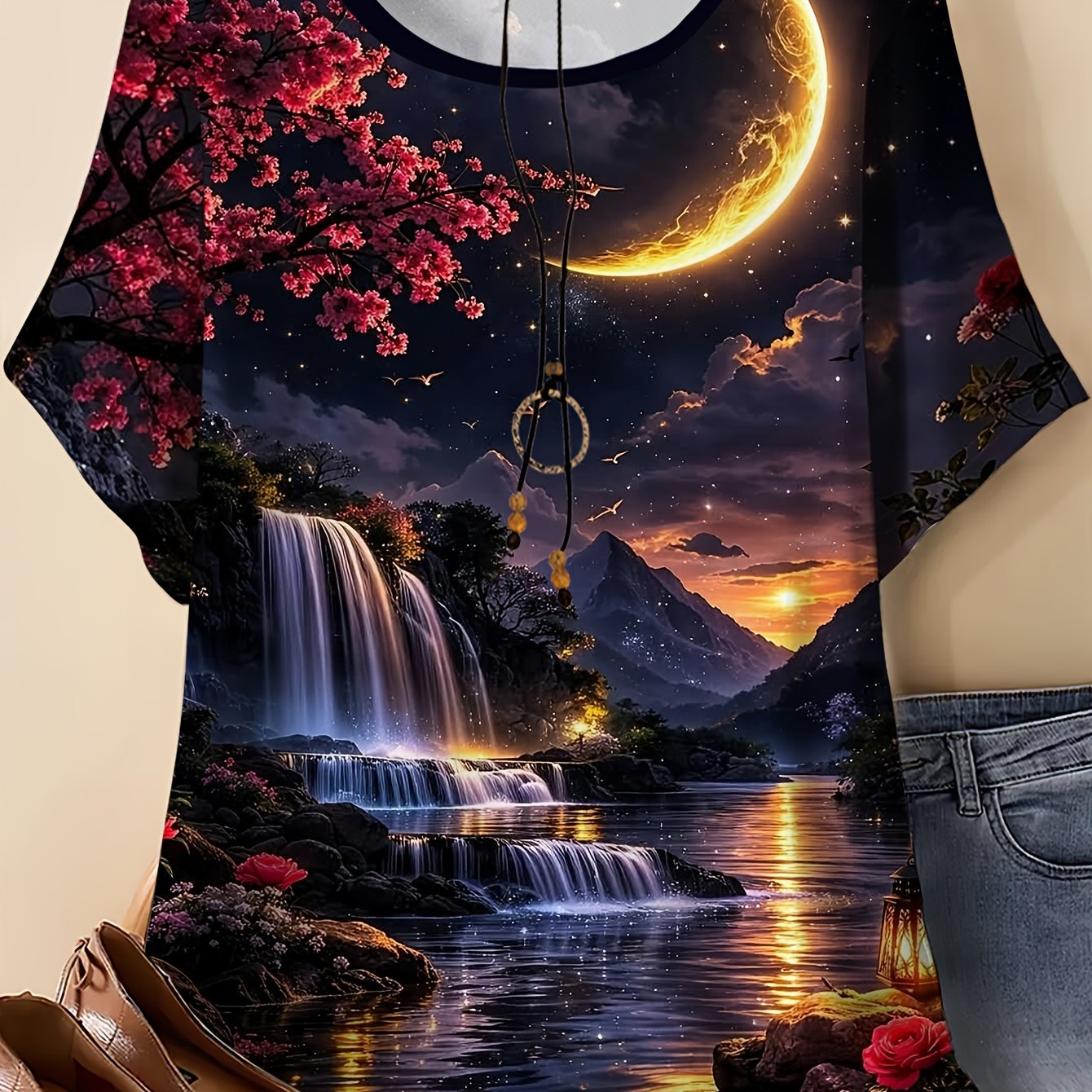 TEMU Plus Size - Plus Size - Women's Plus Size Night Landscape Waterfall Print Loose Short Sleeve T-shirt, Women's Summer Top, Plus Size Versatile