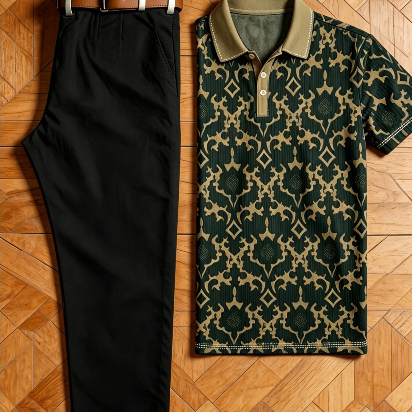 Men's 2pcs Casual Outfit Set, Vintage Baroque Damask Floral Print Short Sleeve Contrast Collar Shirt And Solid Black Straight Chino Pants, Summer Breathable Golf Daily Holiday Matching Suit