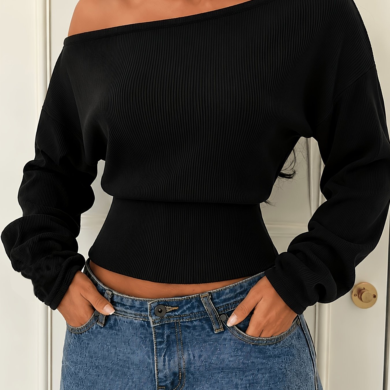 TEMU Haut américain style et à épaules dénudées et manches longues, pull court coupe ajustée ceinturant la taille avec coutures plates, poignets