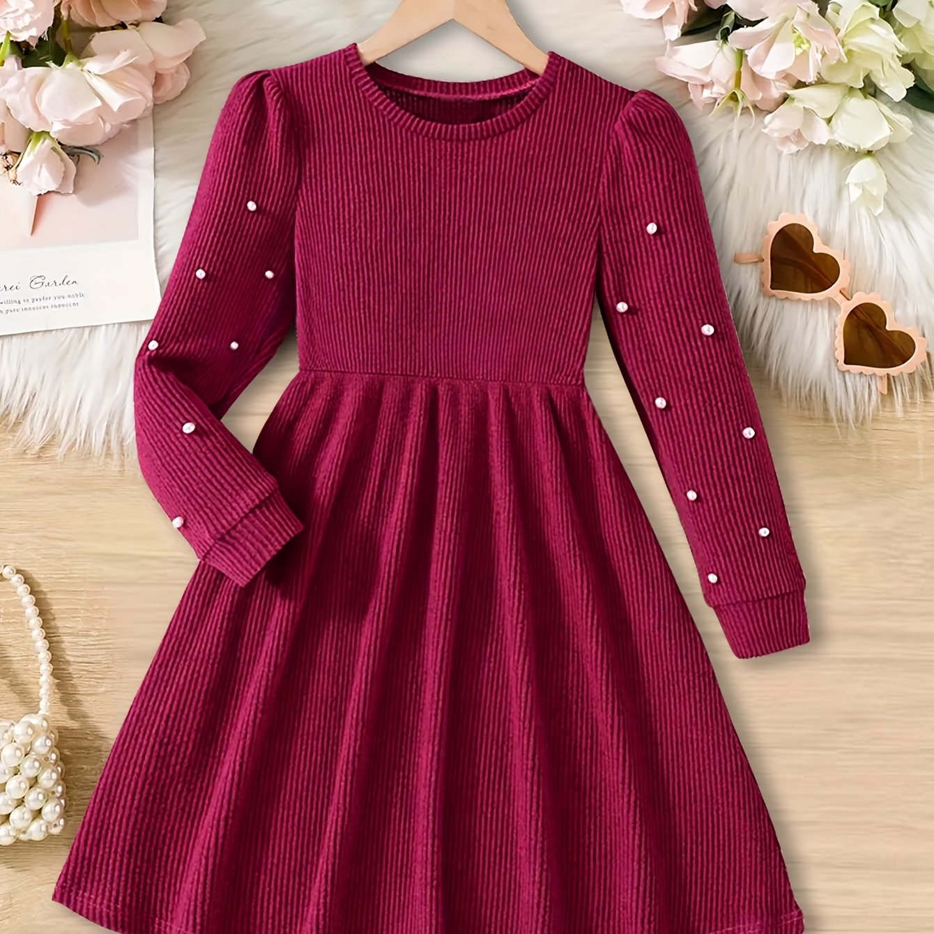 Girls' Casual Everyday Dress With Ribbed Brushed Pearl Decoration, Suitable For Leisure And Vacations, Ideal For Autumn And Winter