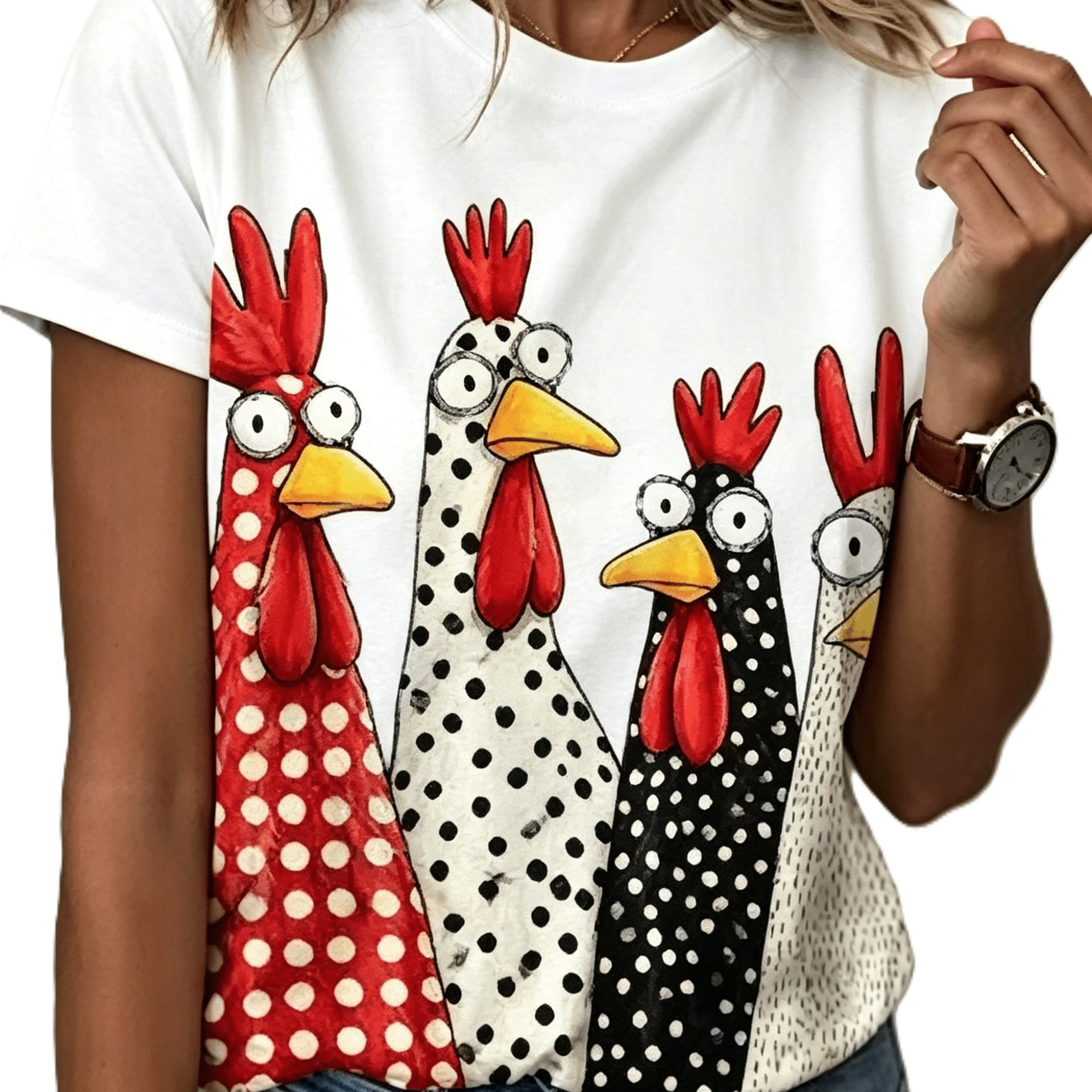 TEMU Printed Design - Not Textured Women's Casual Short-sleeve T-shirt, Cartoon Polka Dot Chick Print Design, And Style, Women's Round Neck Top,