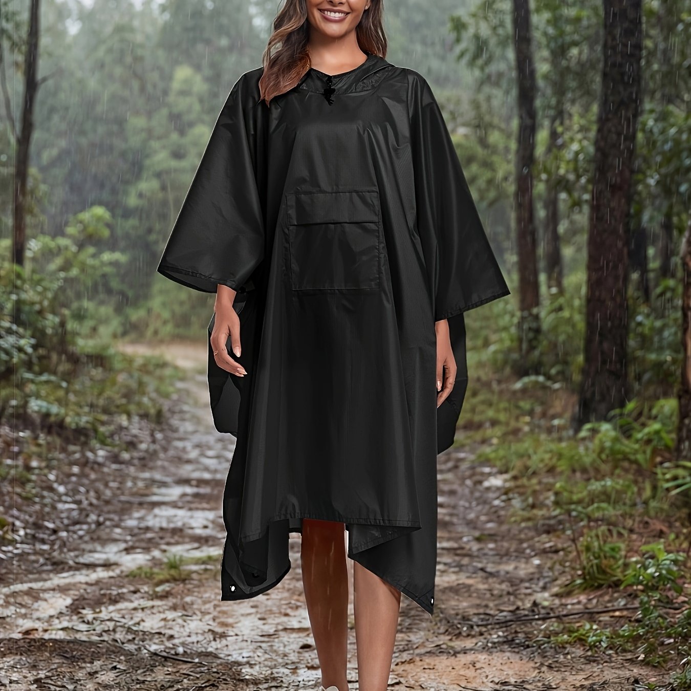 TEMU 3-in-1 High Quality Hooded Rain Poncho With Side Pockets - Durable Polyester, Windproof For Outdoor Activities Like Camping, Hiking & Cycling