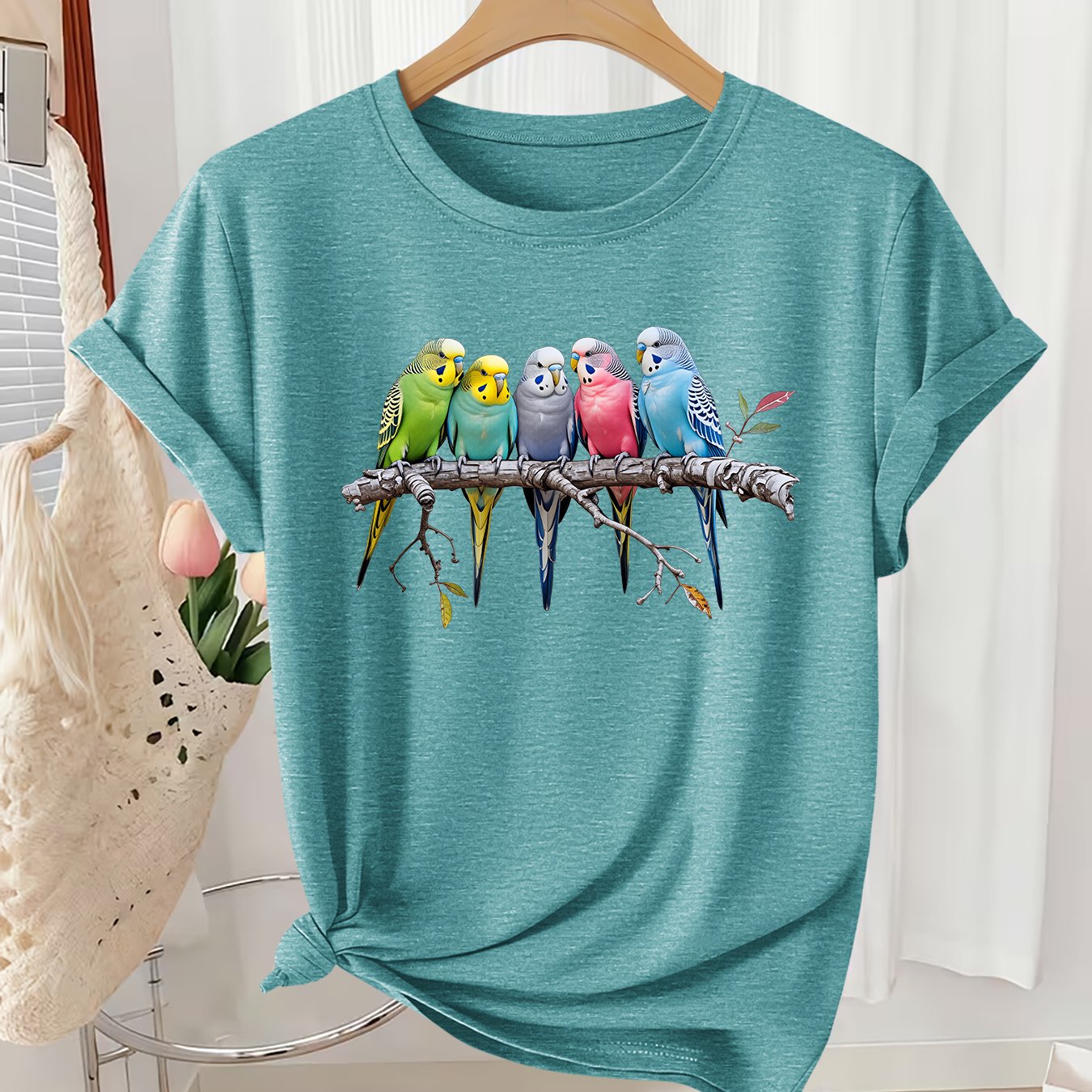 TEMU Women's Plus Size Summer Tops | 5 Colorful Budgies Perched T-shirt | Quirky Style Loose Round Neck Short Sleeve | 2026 Summer Casual Plus Size