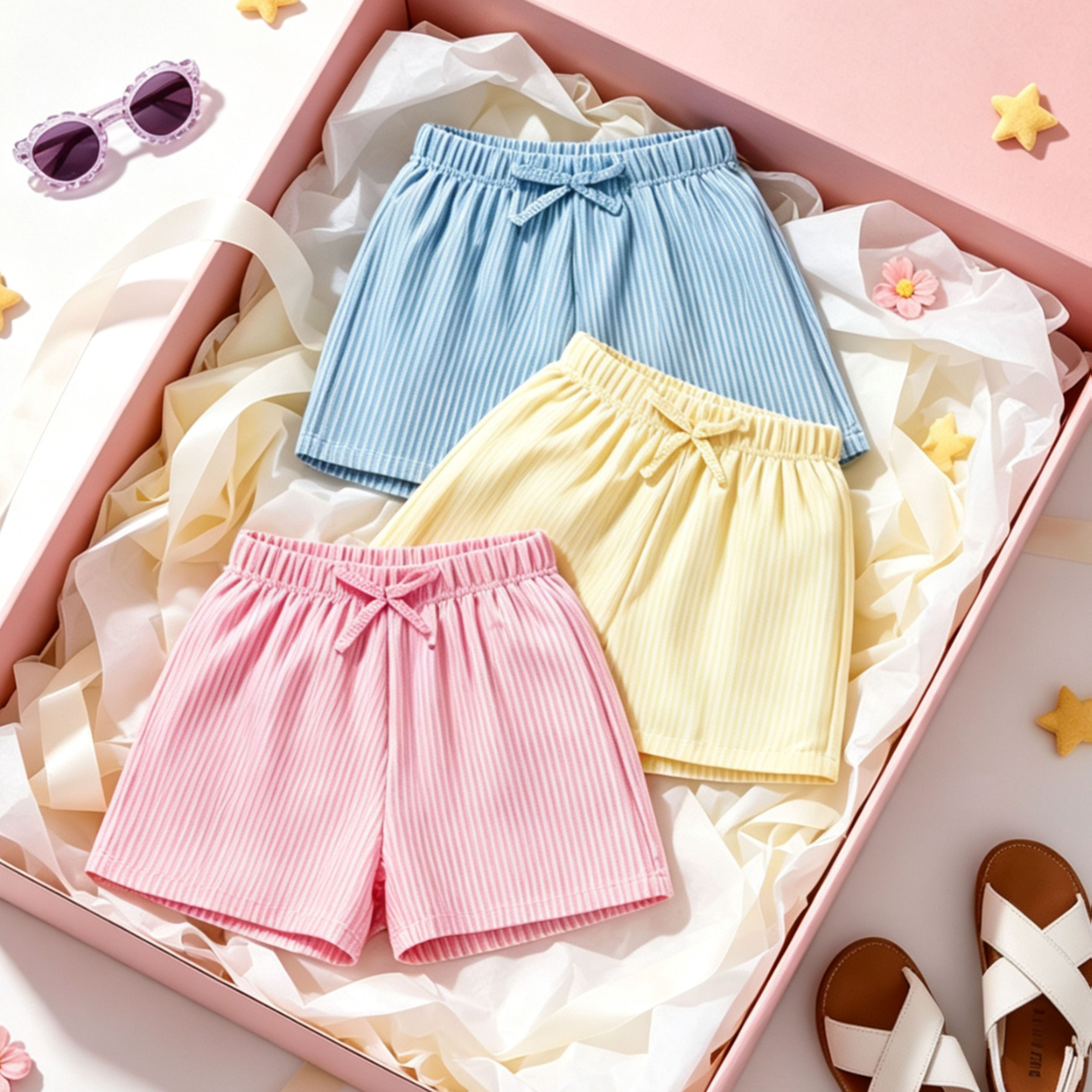 Image of 3pcs Girls' Elegant Striped Shorts, Comfortable Cool Shorts For Casual , Perfect For Outdoor
