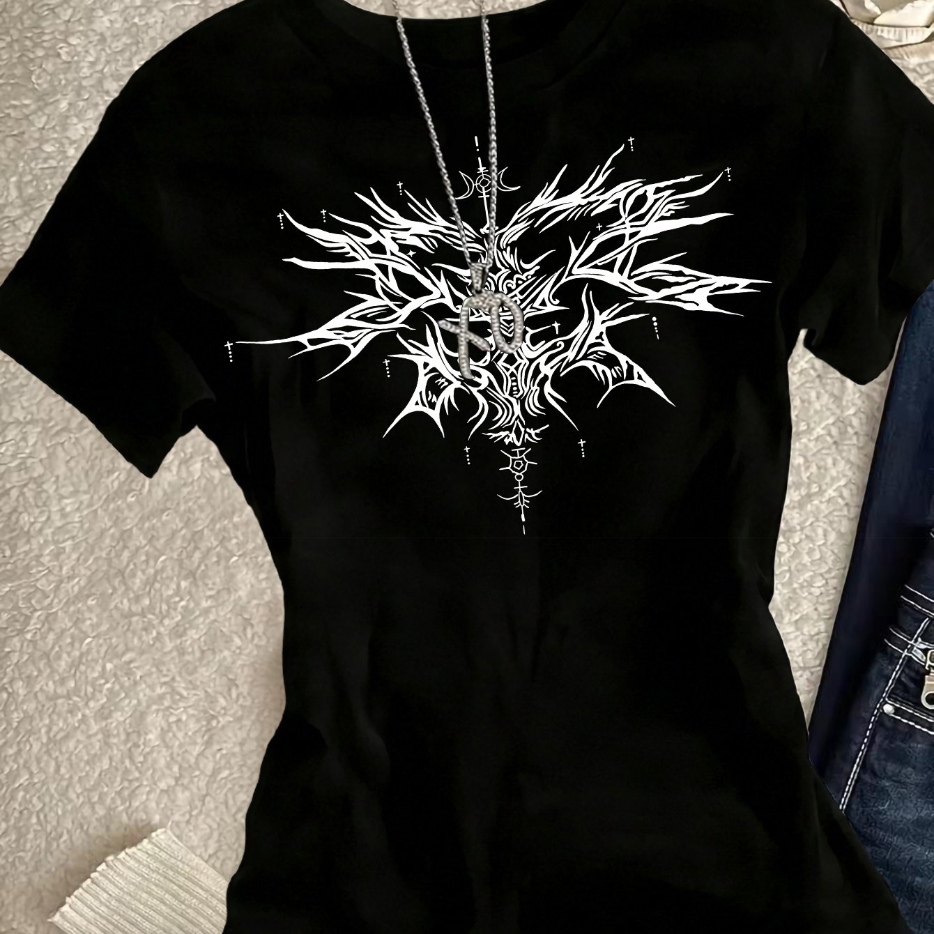 TEMU 00008-y2k Trendy Cool Illustration Print Short-sleeved Round Neck Casual Slim-fitting Women's T-shirt 2026 New Gothic Dark Style-ldh2165