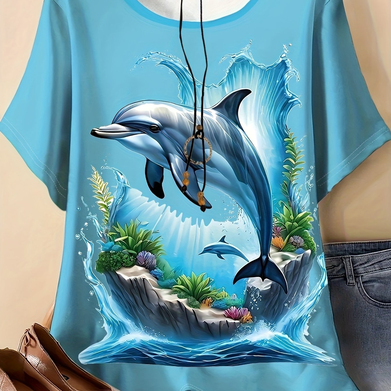 TEMU Plus Size - Plus Size - Elegant Plus-size And Dolphin Print T-shirt For Women | Round Neck Short-sleeve Top, Machine Washable Summer Casual