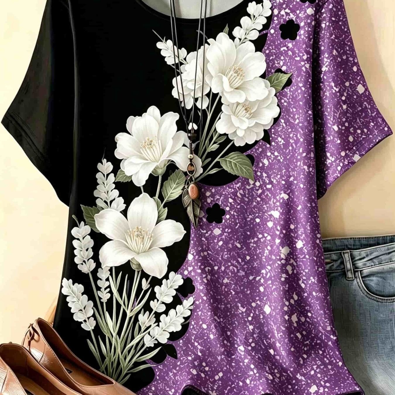 Image of Plus Size - Women's Asymmetrical Short Sleeve Shirt, Loose , Black Floral Print And Purple Galaxy , Heart-shaped Hollow Neckline, Bohemian Casual Shirt, Summer Street Style