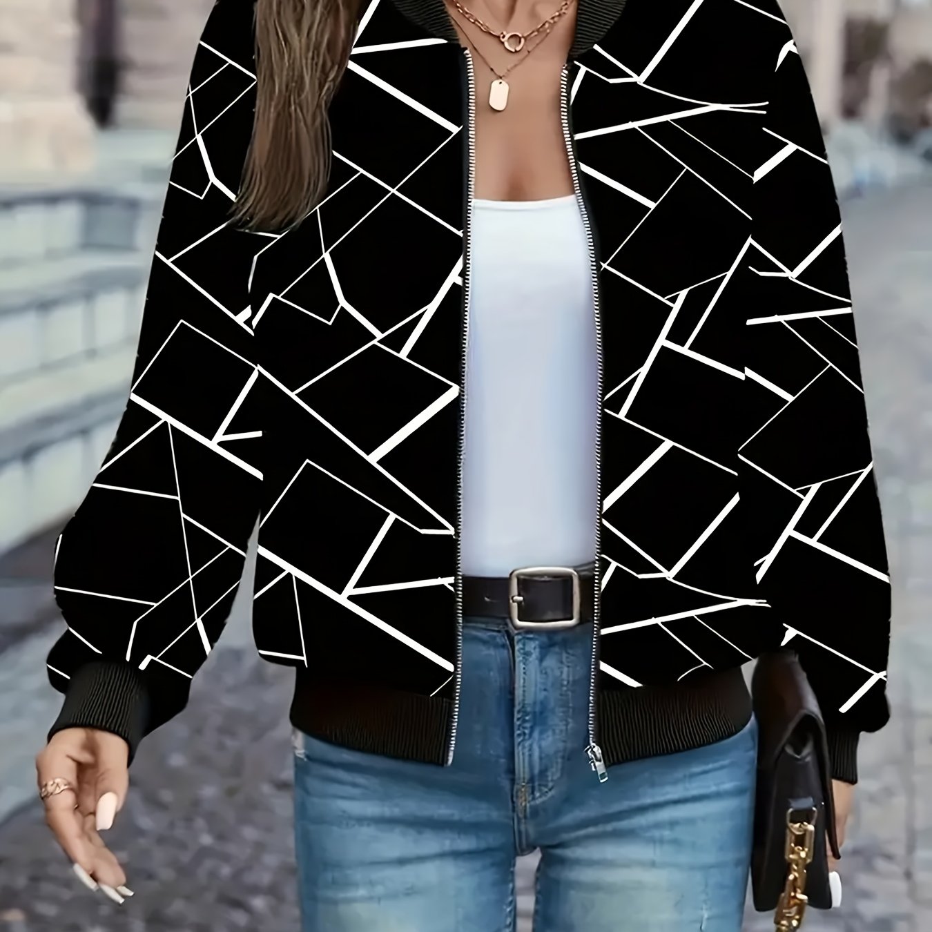 TEMU Women's Casual Jacket With Fashionable Geometric Print, Baseball Style Outerwear Suitable For Spring And Autumn Casual , Women's Top