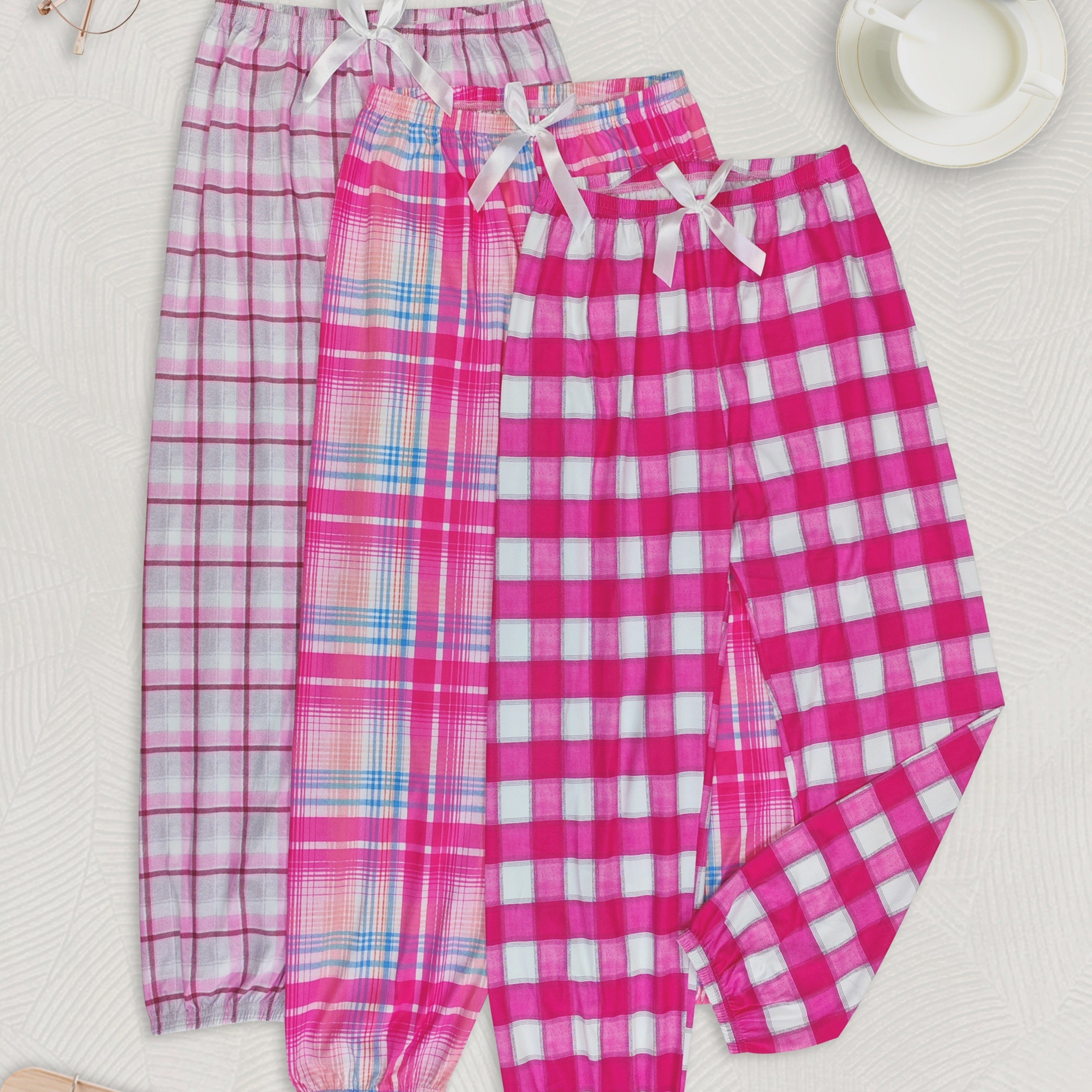 Image of 3-pack Women's Casual Plaid Print Sleep Pants With Elastic Waist | Elegant Bow Details, Cropped Length, Suitable For