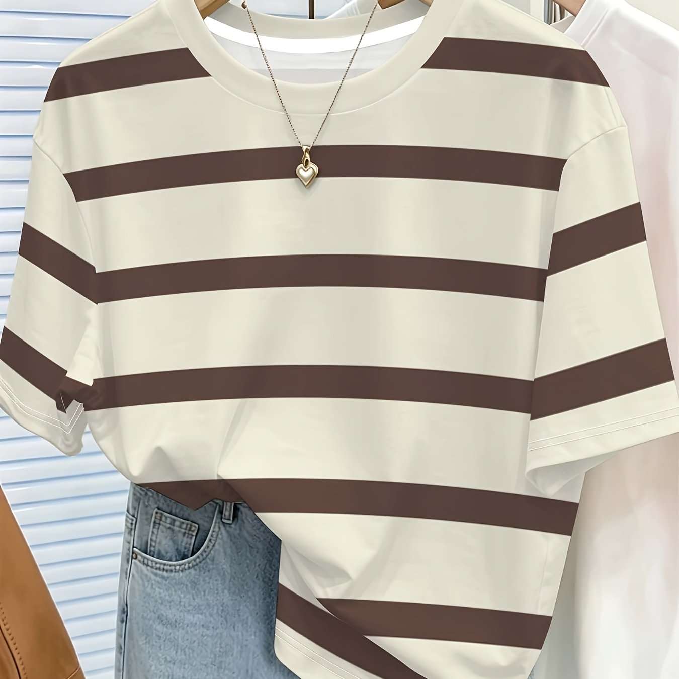 TEMU Striped Women's Printed Round Neck Short Sleeve T-shirt Top Casual Brown White Summer All-match Style