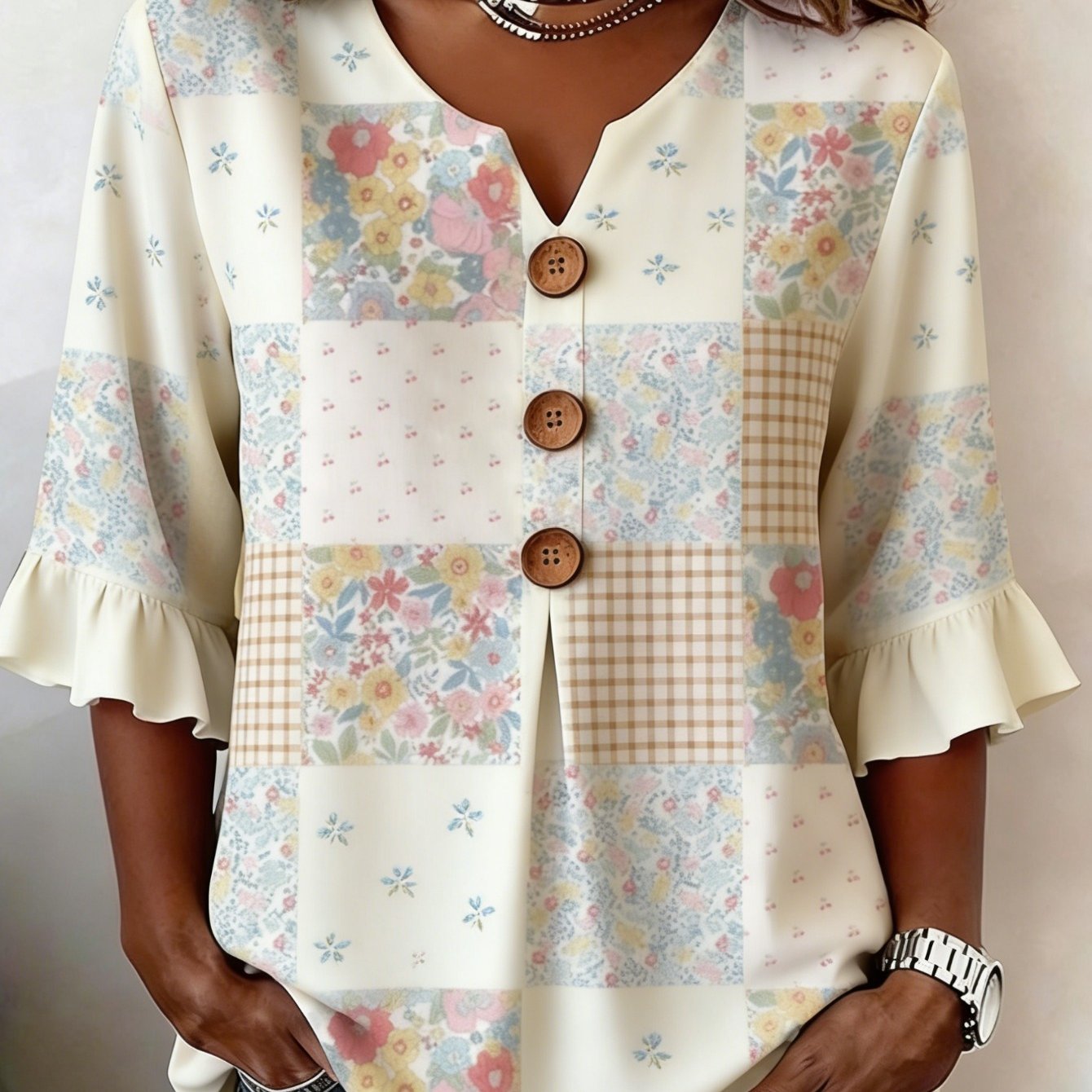 Plus Size - Plus Size - Plus Size Women's V-neck Button Style Cream Flower Splicing Printed Top, Suitable For Summer Casual Wear