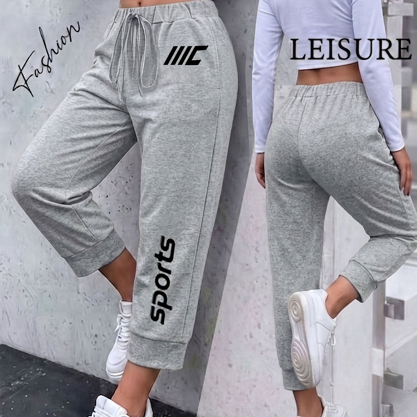 TEMU Women's Capri Pants, Letter Print Drawstring Elastic Waist Ankle-cinching Trousers, Loose Casual Capri