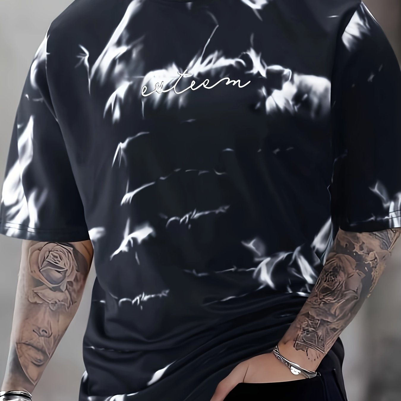 TEMU [printed Design - Not Textured] Men's Tie-dye Printed Casual And Comfortable Short-sleeve Crew Neck T-shirt For Spring, Summer, And Autumn.