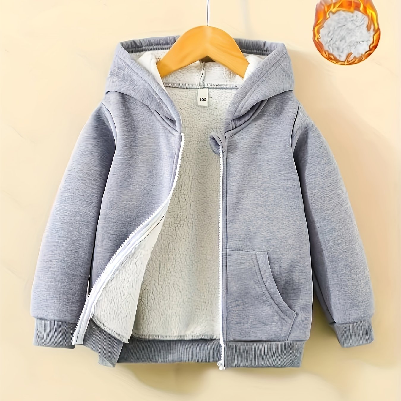 Boys' Gray Lamb's Fleece-lined Hooded Jacket, Autumn/winter Warm Full-zip Long-sleeve Outerwear With Pockets, Casual Children's Top, Suitable For Daily And Outdoor Wear