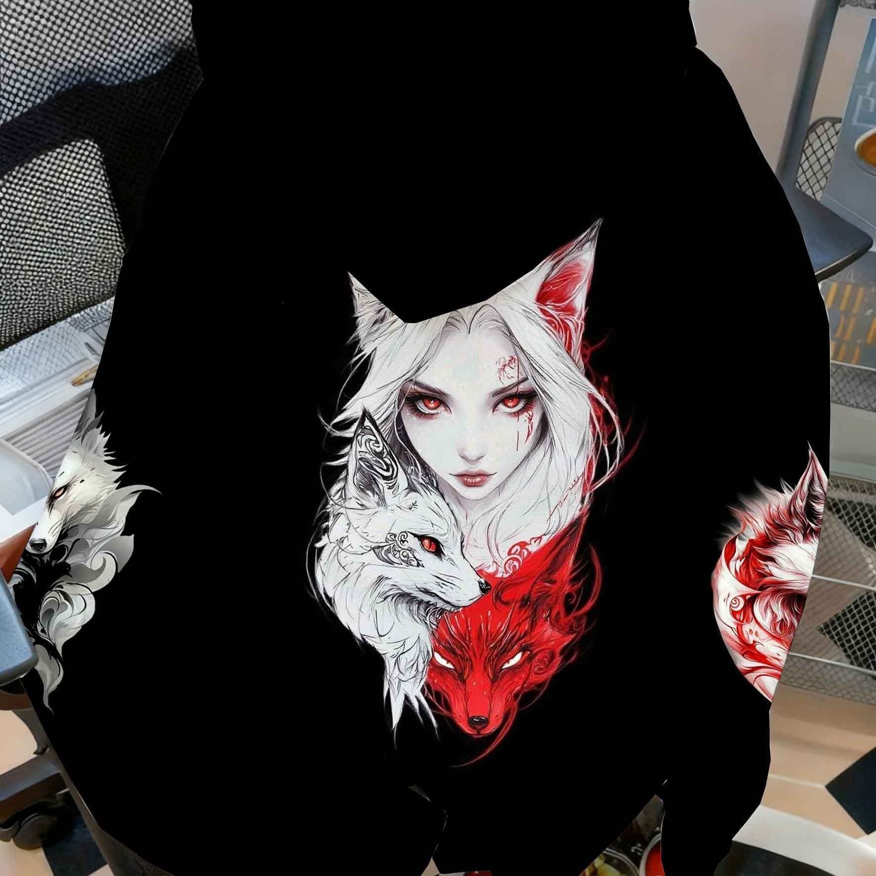 Image of Women's Red And Character Illustration Hooded Sweatshirt, Artistic Loose Fit Casual Hoodie