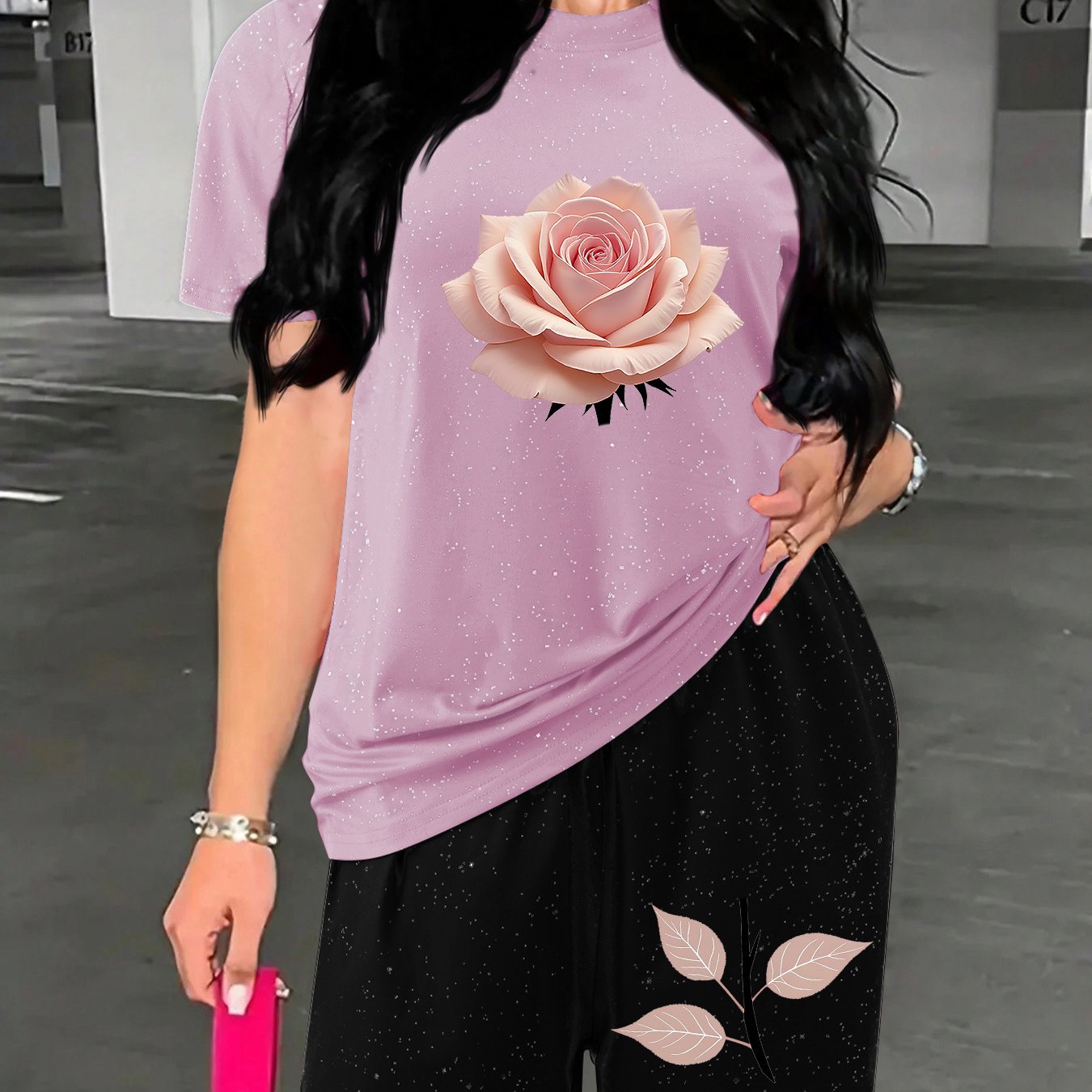 TEMU Fashionable Patterned Women's Summer 2pcs Sportswear Set, Featuring A Round-neck Short-sleeve Top And Athletic Shorts